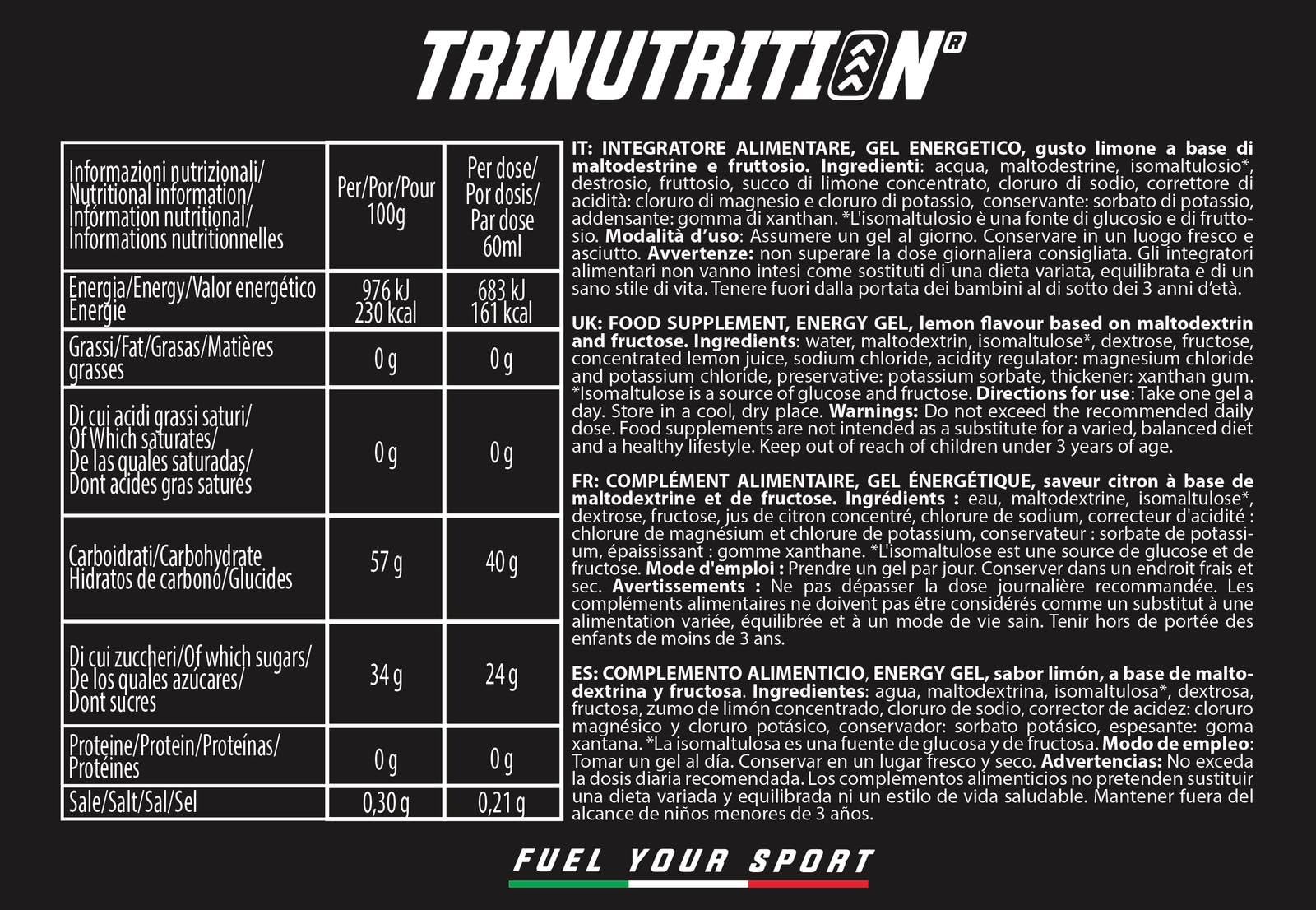 CARB GEL, Gel energetico, 15 x 60ml, 40g di Carboidrati, rapporto 1:0,8 con Maltodestrine e Fruttosio, Gusto Lemon, Gel per ciclismo corsa endurance, Senza Glutine, Vegan