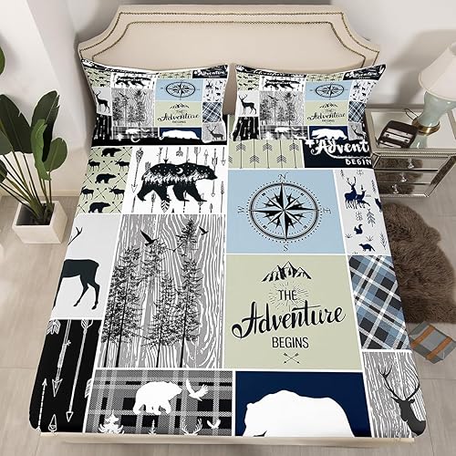 Juego de ropa de cama de búfalo a cuadros, diseño de oso del bosque, sábanas de ciervos en azul, negro y gris, sábana bajera ajustable de alce de