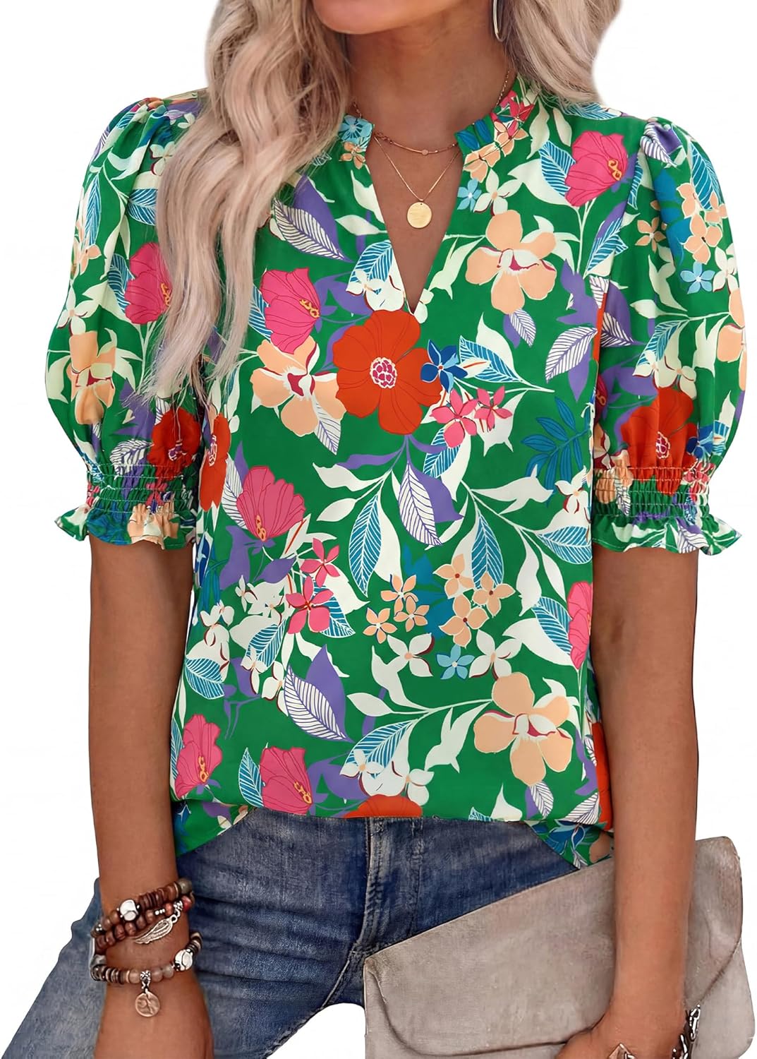 BTFBM Summer Blouses for Women Dressy Casual 2026 Fashion Spring Tops Floral Boho V Neck Puff Short Sleeve Top Shirts