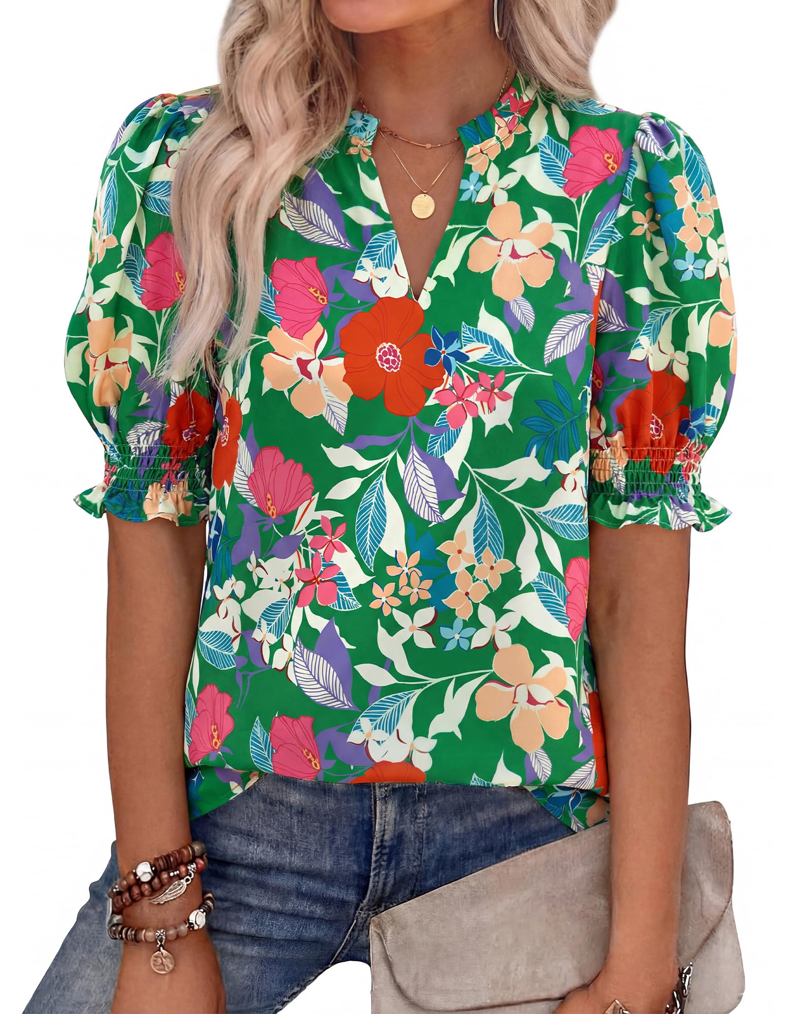 BTFBM Summer Blouses for Women Dressy Casual 2025 Spring Floral Boho Shirts V Neck Puff Short Sleeve Business Work Tops
