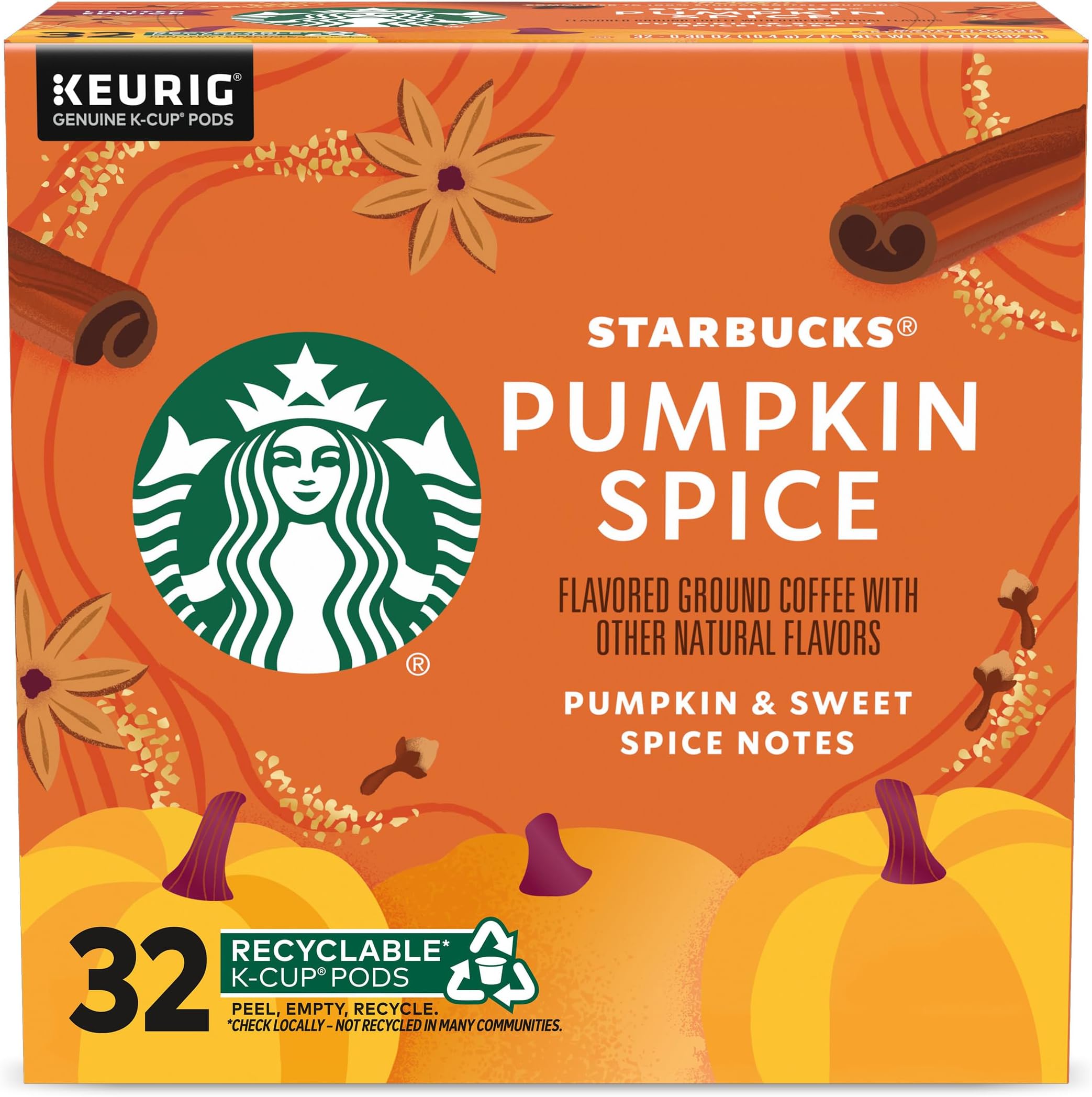 Starbucks K-Cup Coffee Pods, Pumpkin Spice Naturally Flavored Coffee for Keurig Brewers, 100% Arabica, Limited Edition, 1 Box (32