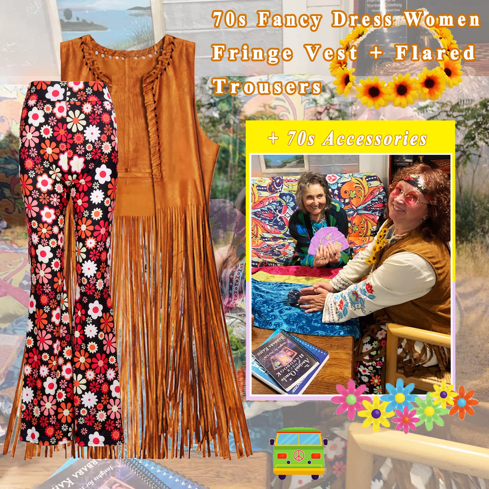YADODO 60er 70er Jahre Hippie Kostüm Damen Set mit Fransenweste Schlaghose Accessoires Hippie Kleidung Damen Kostüm 70er Jahre Bekleidung Frauen Disco Outfit Cowgirl Western Faschingskostüm (L)