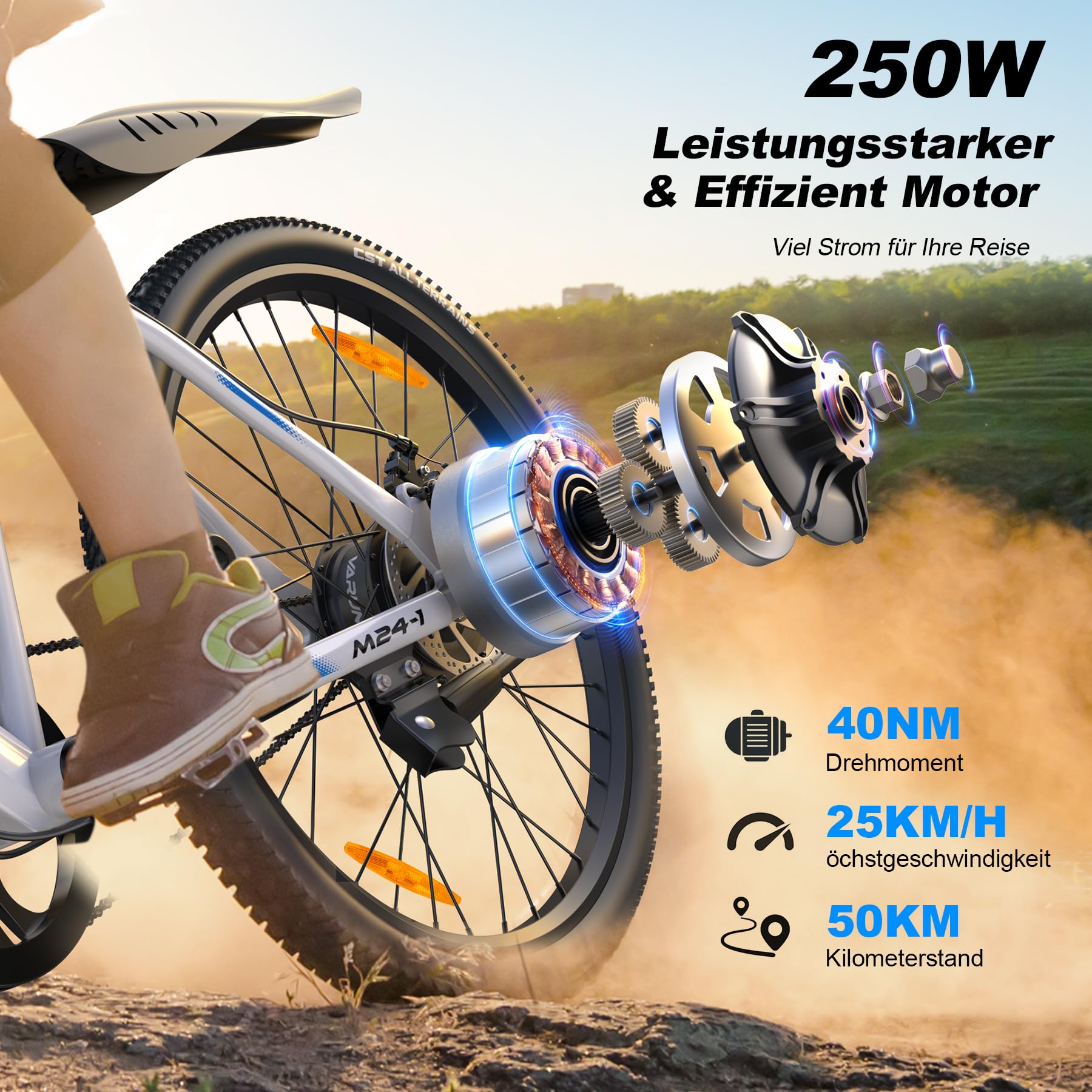 VARUN E Bike, 24 Zoll E-Bike Herren Damen mit 36 V Akku, 250 W Motor, 25 KM/H, Ebike Mountainbike mit Aluminium Rahmen, 4 Modi, Elektrofahrrad für Erwachsene/Jugendliche, Reichweite Max 50 KM