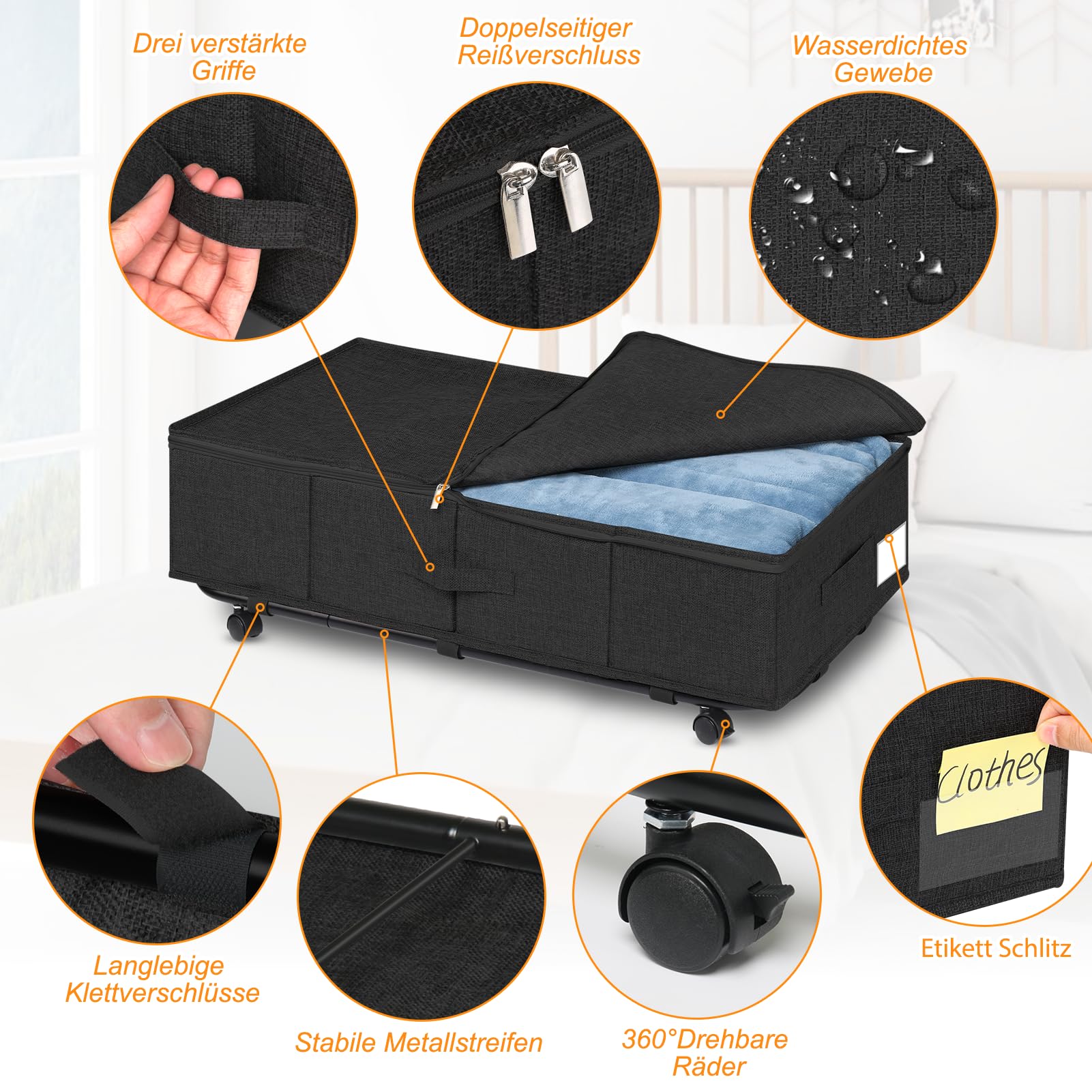 Unterbettkommode groß mit Rollen 360°Drehung, Unterbett Aufbewahrungsbox mit 3 Griffe, Aufbewahrungsbox mit deckel, Ultra dicken Bettdecken Aufbewahrung, bettkasten mit Rollen Schwarz(2 Stück)