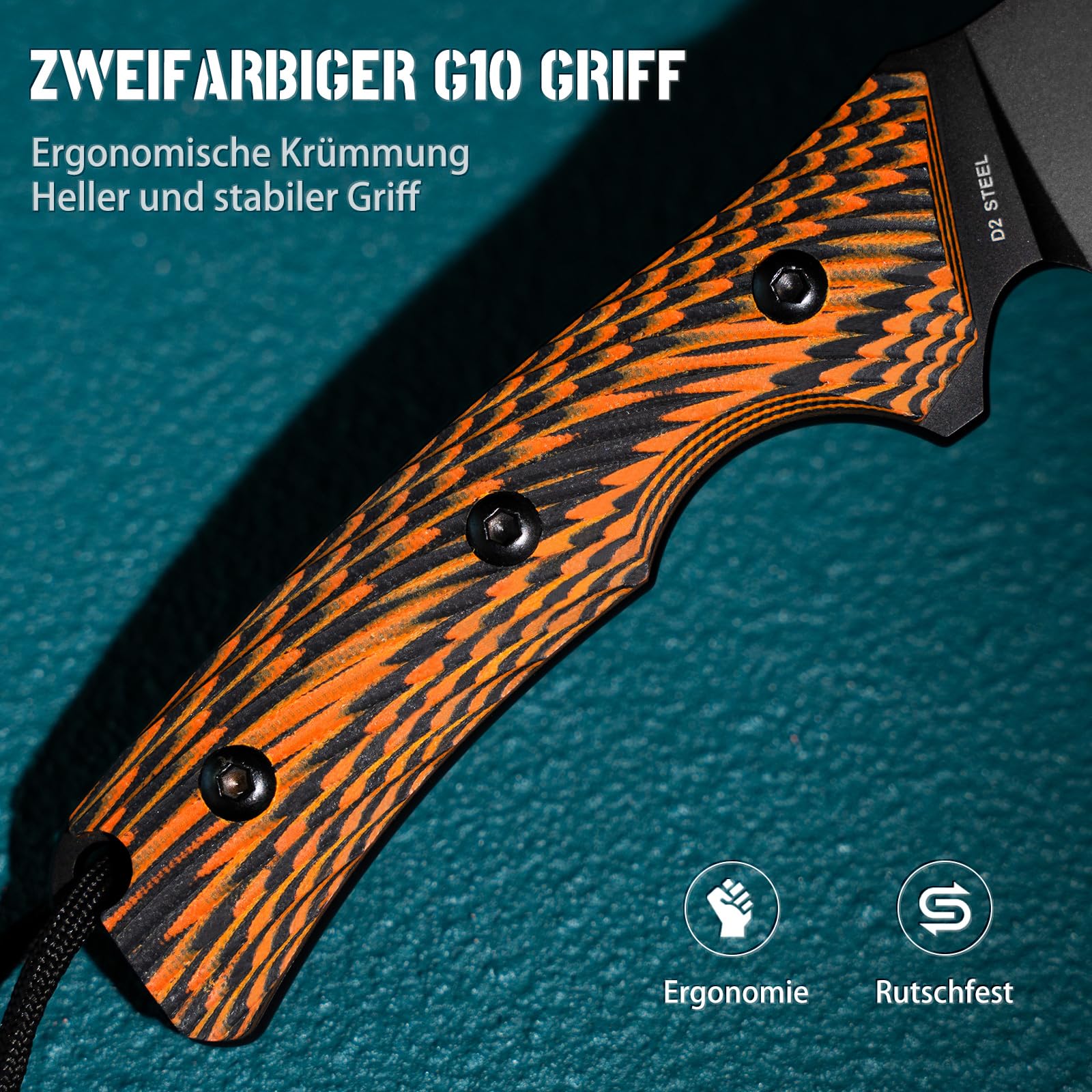 LOTHAR FOX Jagdmesser aus D2 Stahl, Outdoor Messer mit G10 Griff, Full Tang, Zweifarbiges Outdoor Messer Survival, Fahrtenmesser, für Outdoor Liebhaber und Abenteuer