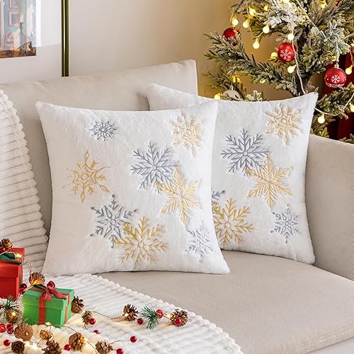 MIULEE Paquete de 2 fundas de almohada decorativas de Navidad, fundas de almohada de piel sintética suave con bordado de copo de nieve, bonitas