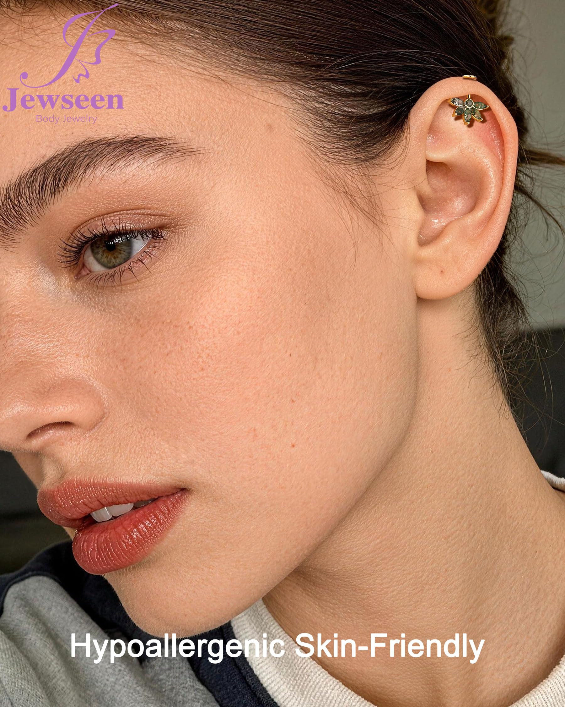 Jewseen Pendiente vertical oculto en forma de hélice, ágata, parte trasera plana, flor, cartílago, plata de ley 925, aretes de trago con rosca interna, joyería de 16 g, 6 mm