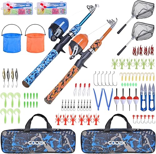 Miniatura 5 de CODEK Juego de caña de pescar para niños con kit completo de iniciación, 2 juegos de caña de pescar telescópica portátil y carrete Cambos para niños
