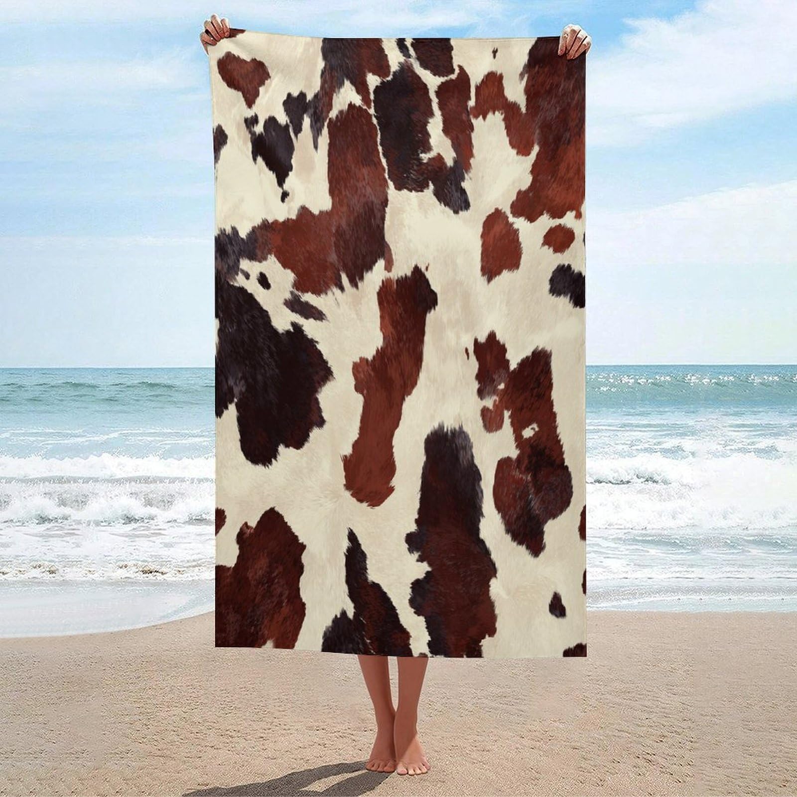 LSRCPD Cow Hide Pattern Cream with Brown Spots Beach Towel Sand Free Microfiber Large Shower Towels Multipurpose Absorbent for Bathroom Pool 130x80 CM