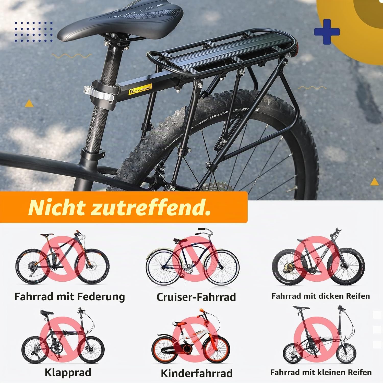 West Biking Fahrrad Gepäckträger Mountainbike - 100 KG Belastung Stabilem MTB Gepäckträger Einstellbare Fahrradgepäckträger, Schnellverschluss Gepäckträger Fahrrad mit Reflektor Fahrradzubehör