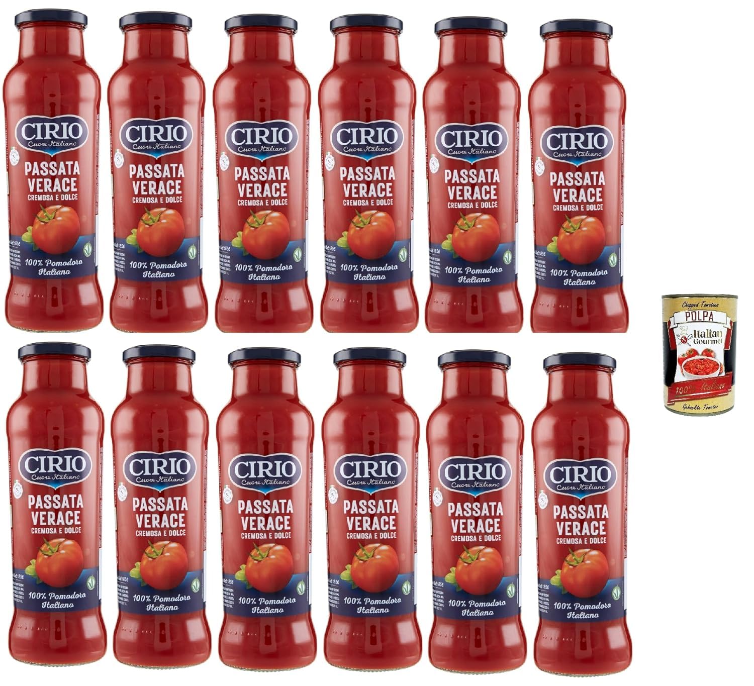Italian Gourmet - Cirio - Passata de Tomates Verace Cirio 12 x 700 g – Purée de tomates italienne 100% tomates, douce et crémeuse, idéale sauce pizza pâtes, bouteille verre + Italian Gourmet Polpa