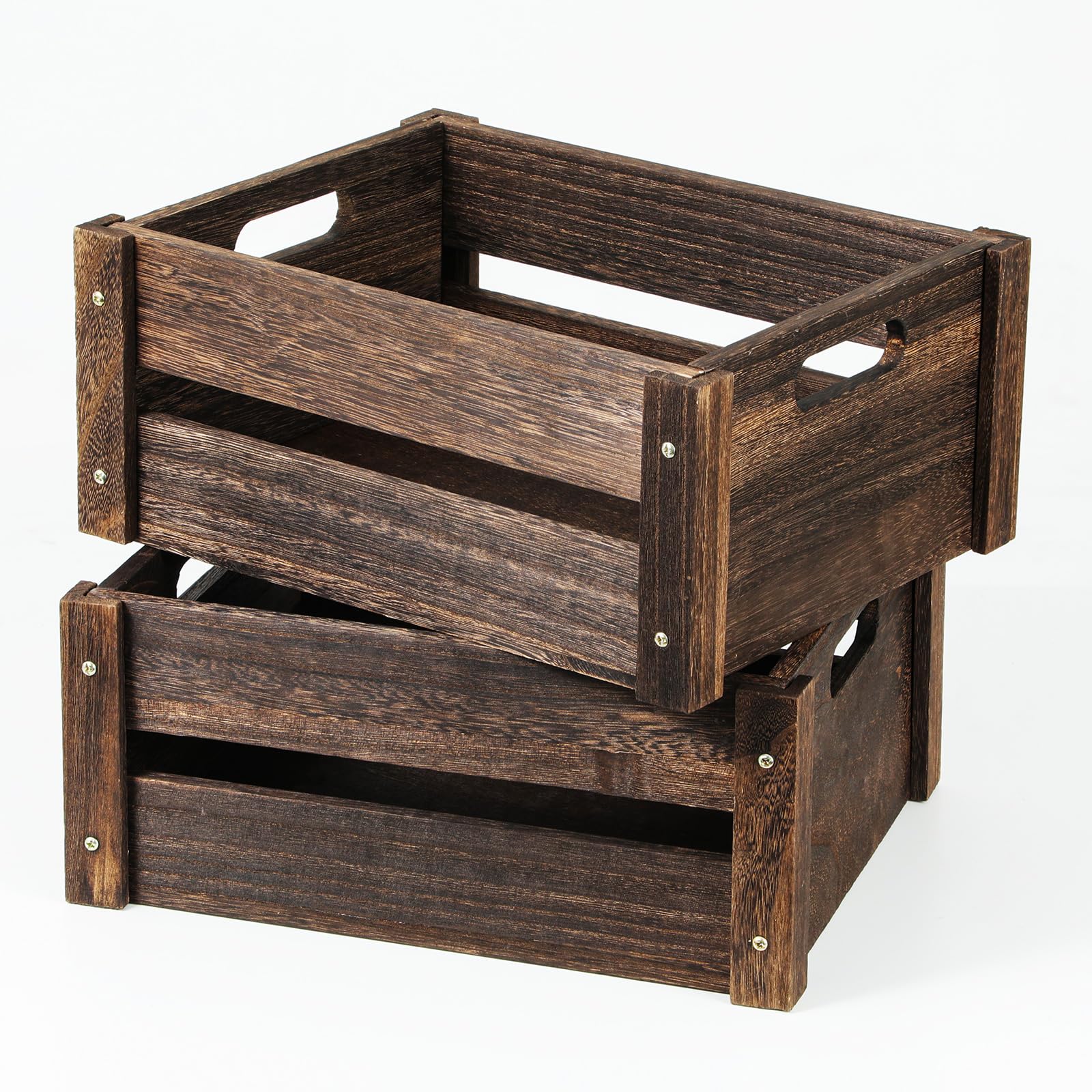 Wooden Crates, Farmhouse Wood Crate for Storage with Handles, Solid Wooden Crates for Display, Durable Wood Crate Box, Handmade Wooden Crates for Decor, 2 Pack, Brown