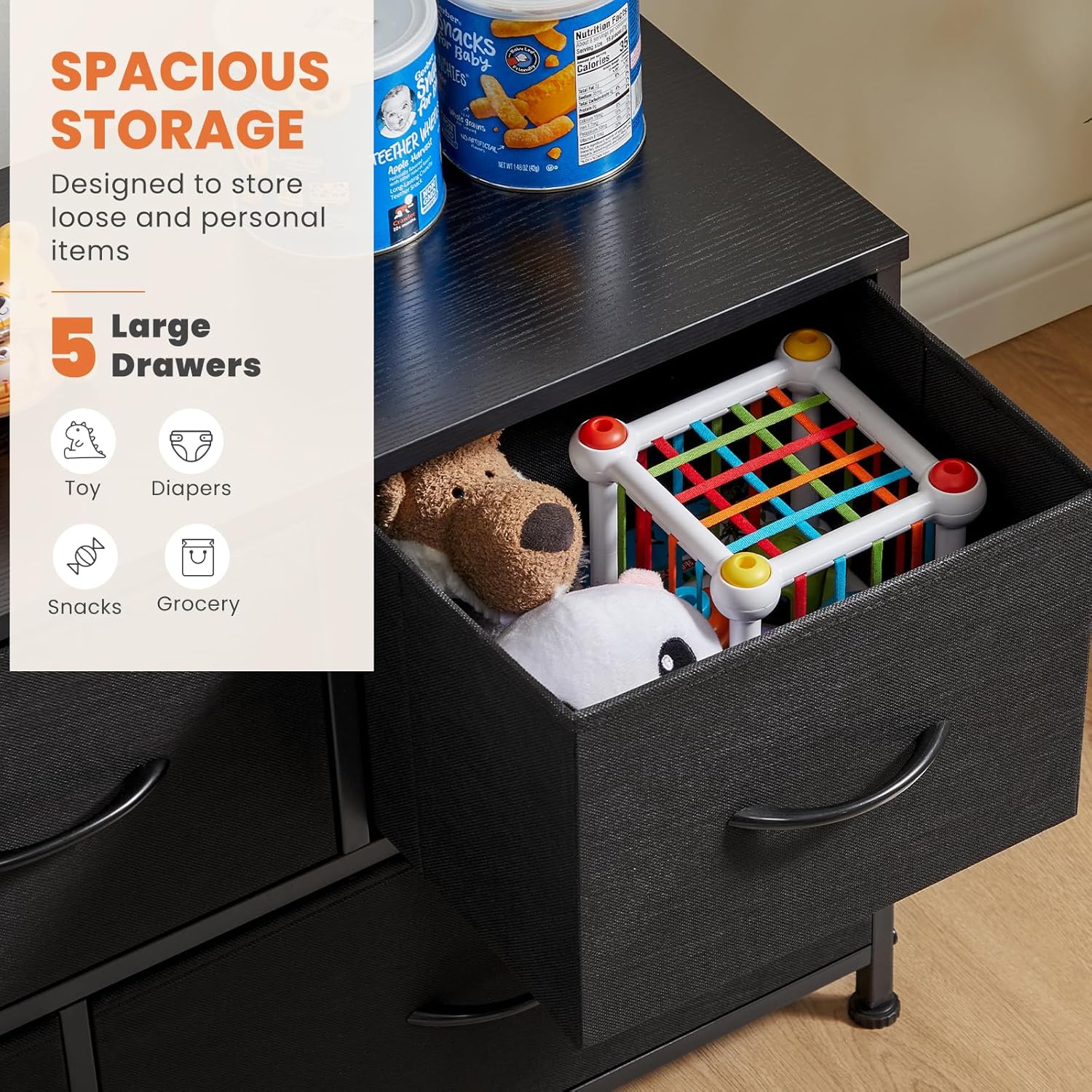 Dresser for Bedroom with 5 Drawers, Anti-Tip Wide Fabric Chests Storage Organizer Tower Furniture, TV Stand for TV up to 45 inch with Wooden Top Metal Frame for Clothes, Living Room, Hallway, Entryway