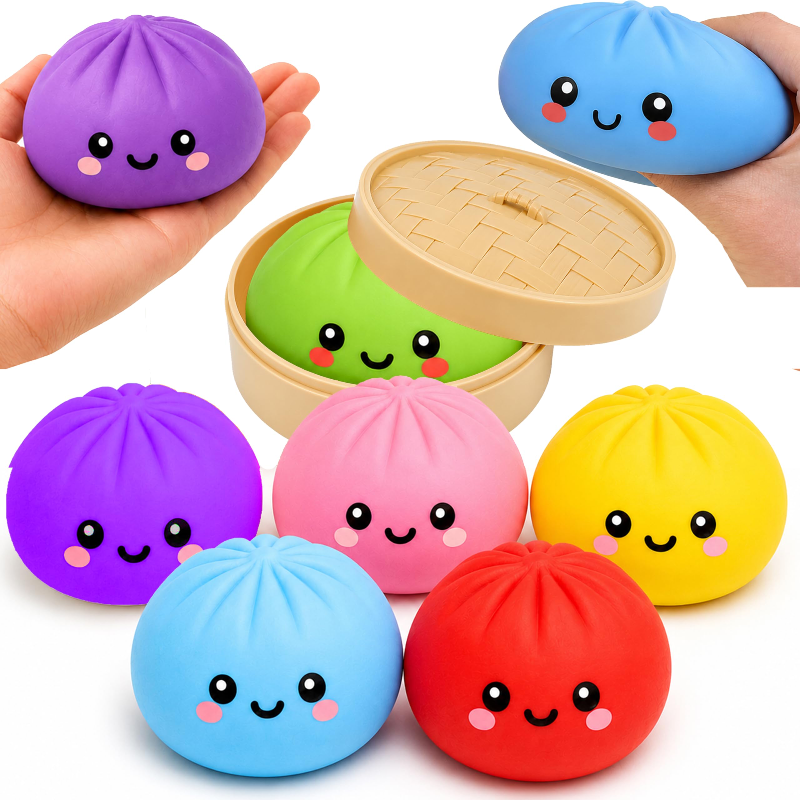 Colourful Dumpling Toys 8.5cm - 6x Random Squishy Bao Bun with Plastic Steamer Box, Fidget Mystery Squeeze Toy, Reusable Basket, Kids Party Bag Gift Age 3+