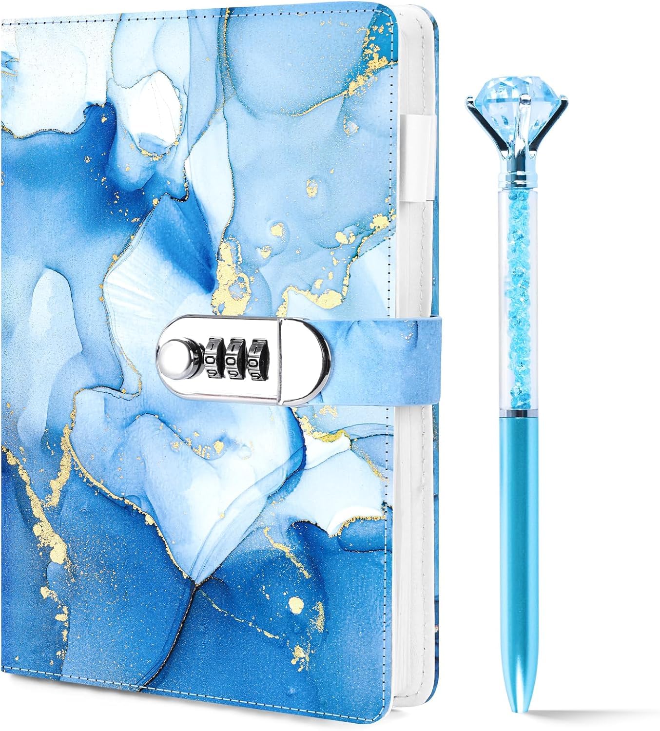 Diary with Lock, A5 PU Leather Journal with Lock 120 Sheets Blue Password Locked Travel Notebook with Pen
