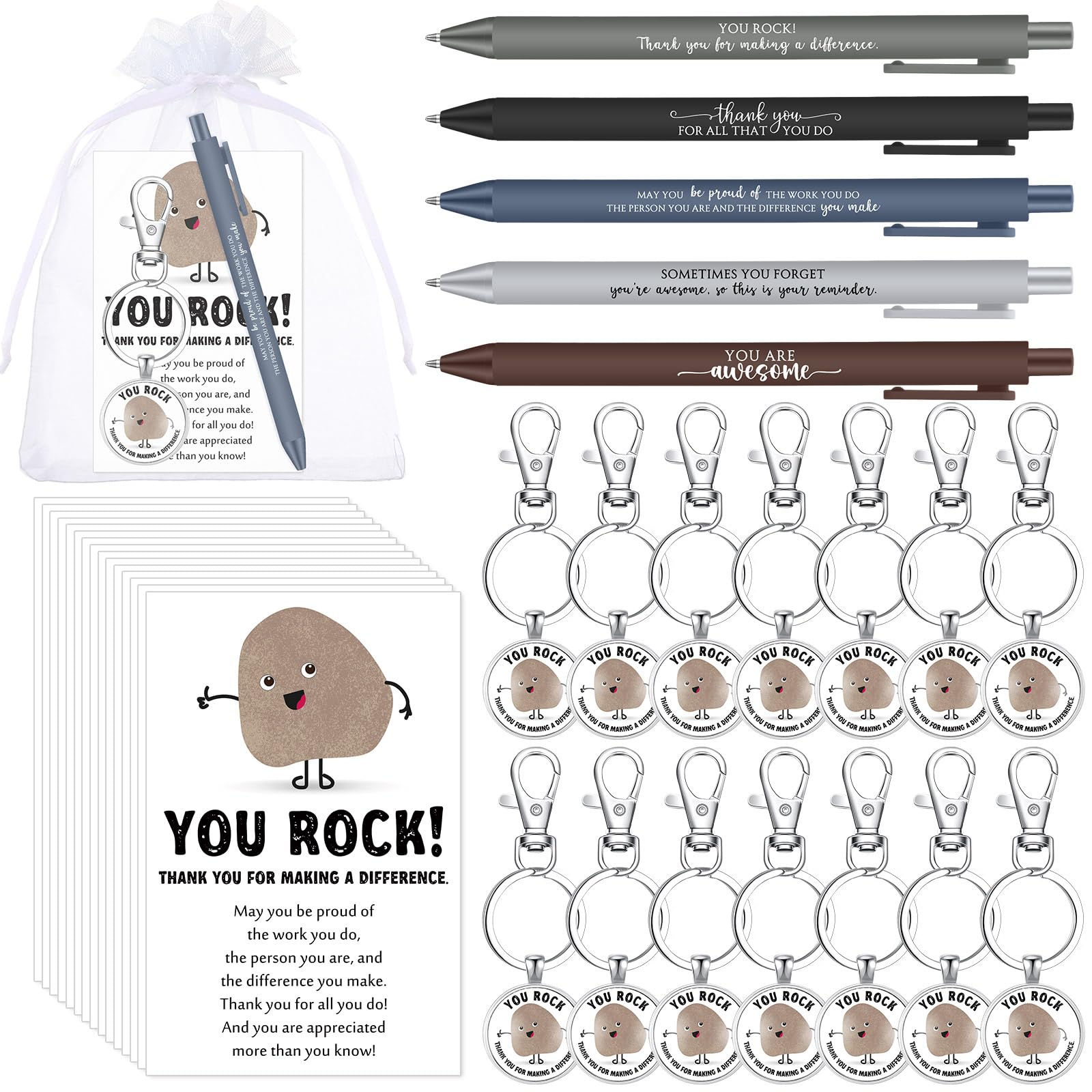 Sayglossy 30 Sets Thank You Gifts Rock Pens Keychains with Cards Bags Valentine's Day Positive Employee Appreciation Gifts for Coworker Team, 5 Styles