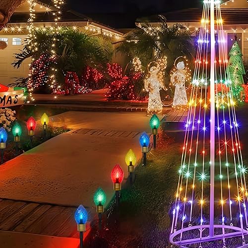 Miniatura 4 de Paquete de 2 luces de camino de Navidad Jumbo C9 para exteriores, luces LED de camino de Navidad de 7 pies con estacas de marcador de camino,
