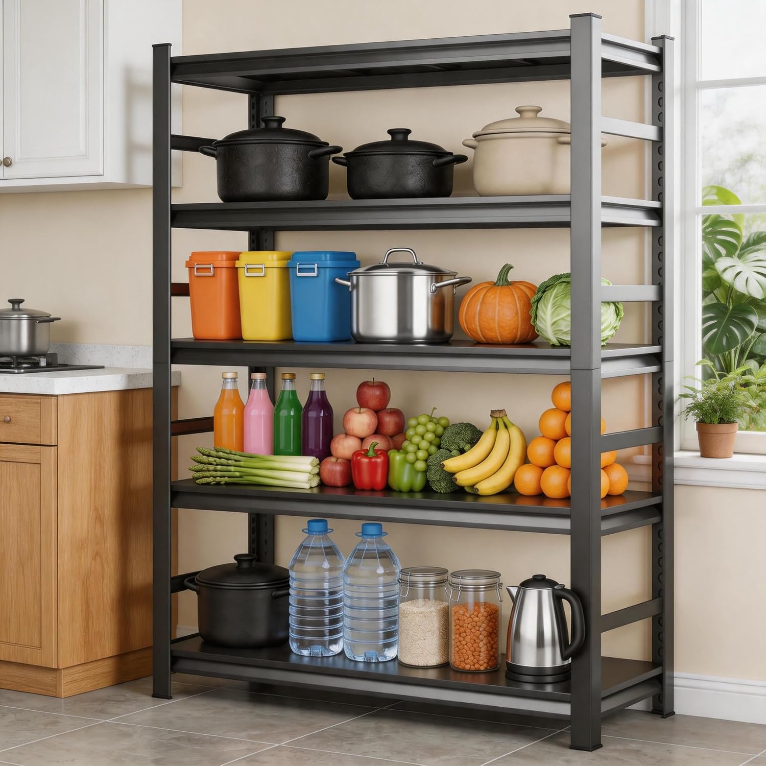 5 Tier Utility Kitchen Shelves, Adjustable Kitchen Shelf Organizer, 2000LBS Heavy Duty Metal Storage Shelves, Food Storage Shelves for Pantry, Industrial, Basement, Bathroom and Closet, Black