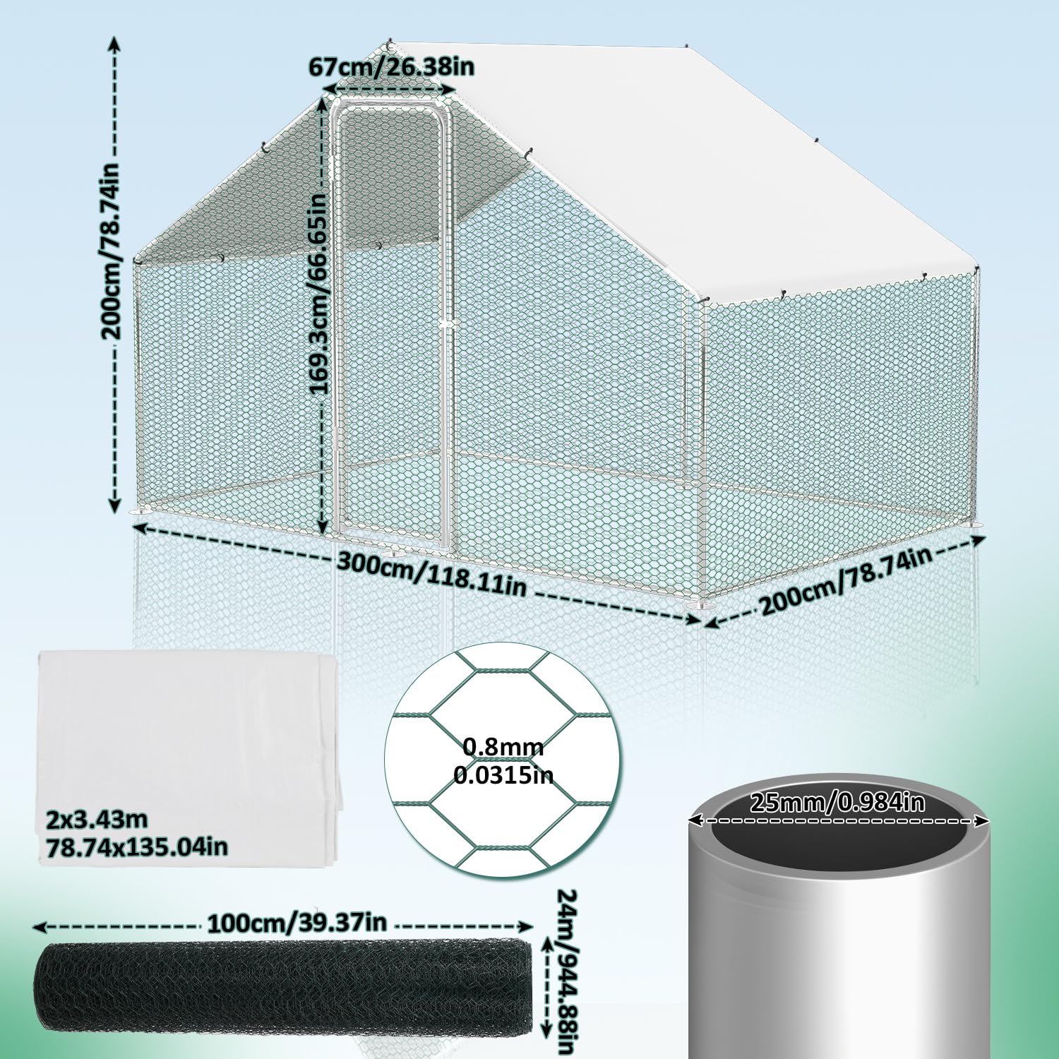 Gallinero con área libre, 3x2x2m Jaulas de metal para animales pequeños con cerradura de seguridad y cubierta impermeable para salida de gallinas, área libre para gallinas, pajarera, plantas