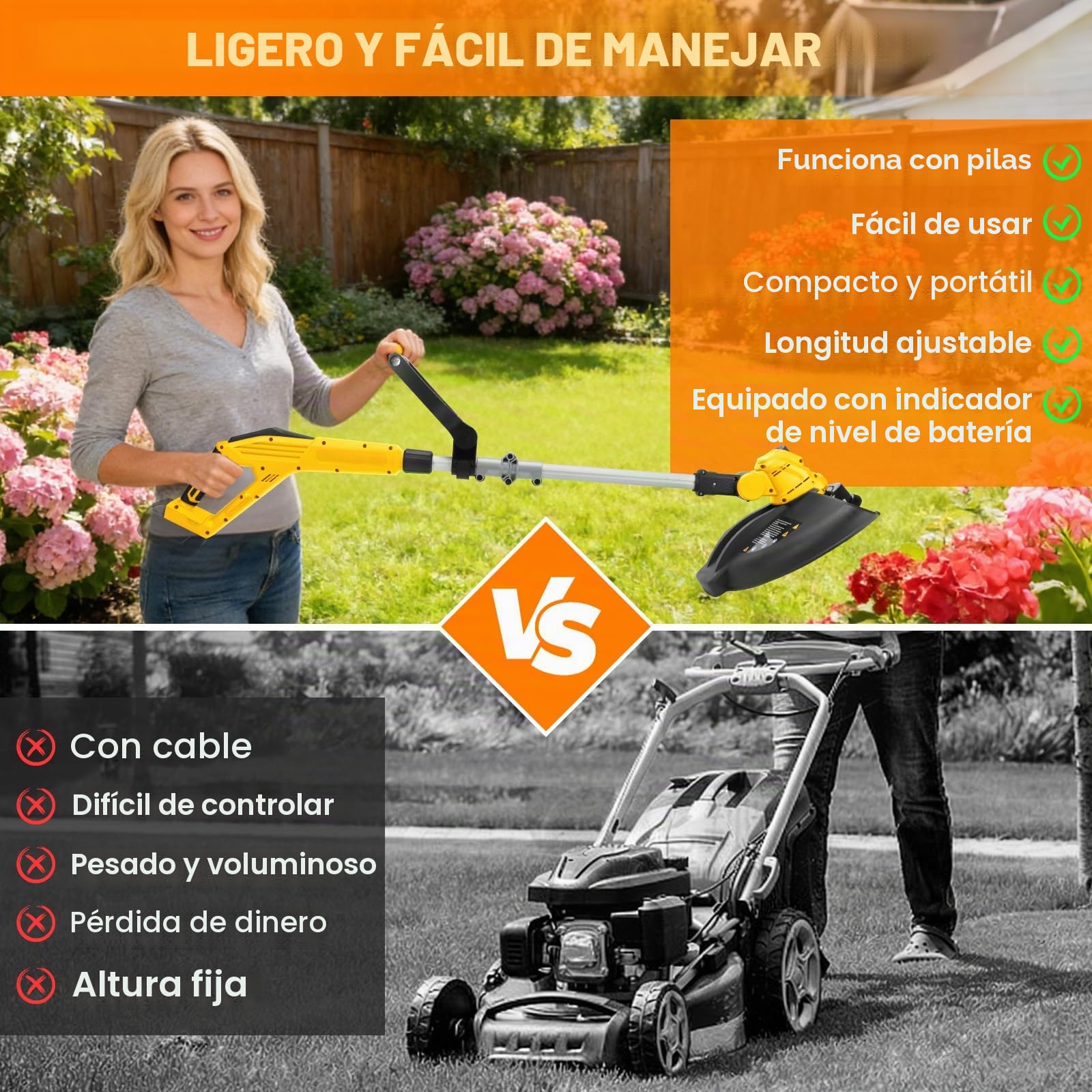 Cortacéssped con batería compatible con batería Dewalt 20V MAX, cortacésped eléctrico sin escobillas 5-en-1, ángulo de recorte plegable de 180° y 90° para cortar césped, jardín y arbustos (sin batería