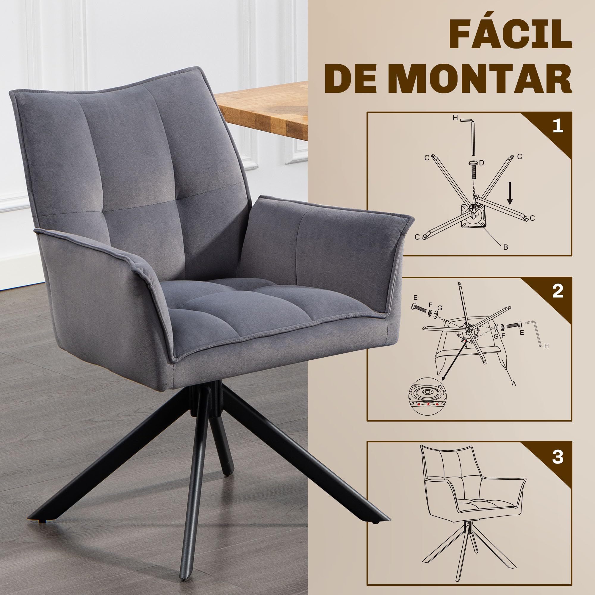 HOMCOM Juego de 2 Sillas de Comedor Giratorias 360° con Reposabrazos Gris | Sillas de Cocina, Respaldo Acolchado, Tapizado en Terciopelo, Patas de Acero, para Oficina, Conferencia, Sala de Estar