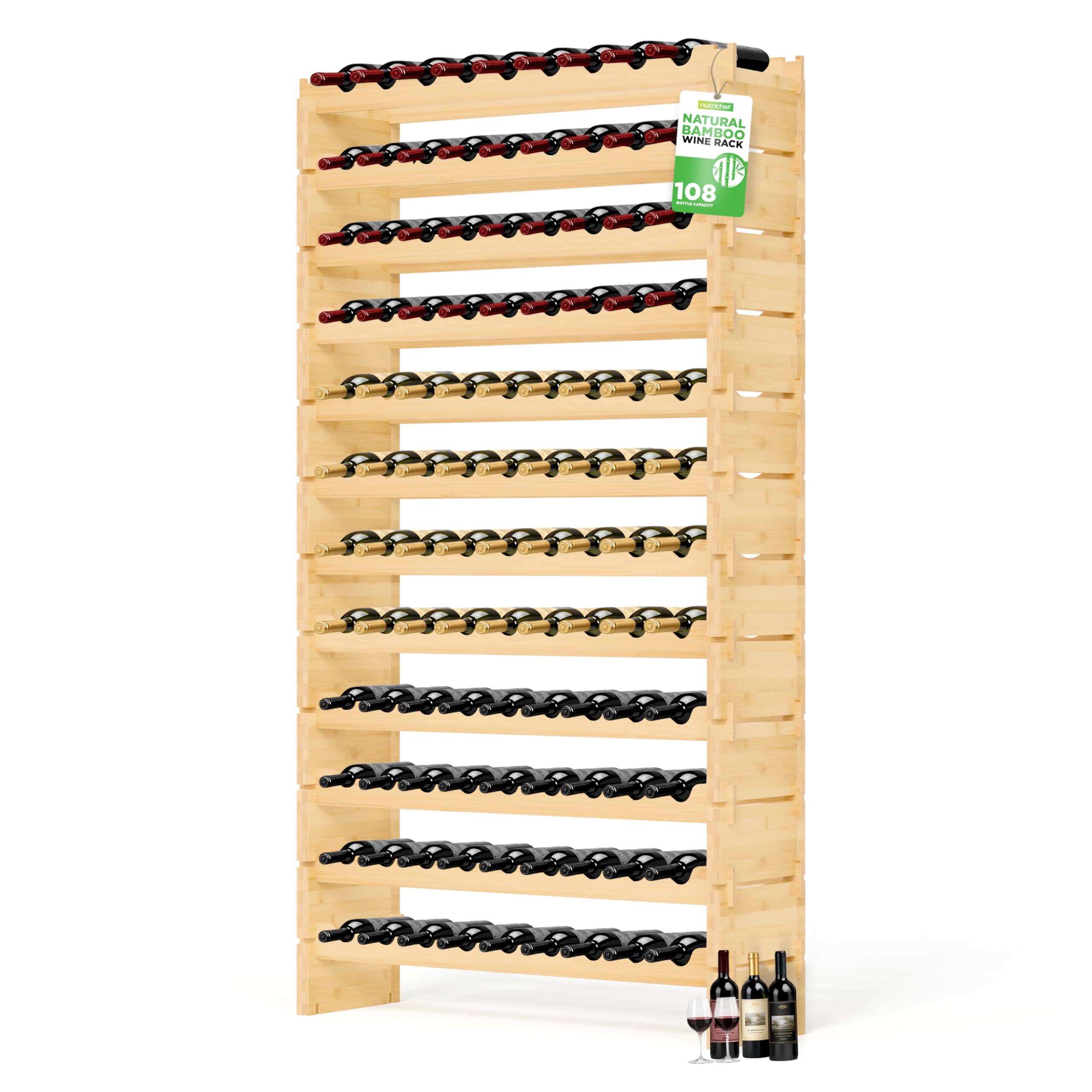 NutriChef Stackable Wine Rack Big, Strong & Durable Bamboo Wood Wine Racks Free Standing Floor, Wobble Free Shelf Organizer Holds Up to 108 Bottles for Home, Bar and Cellar