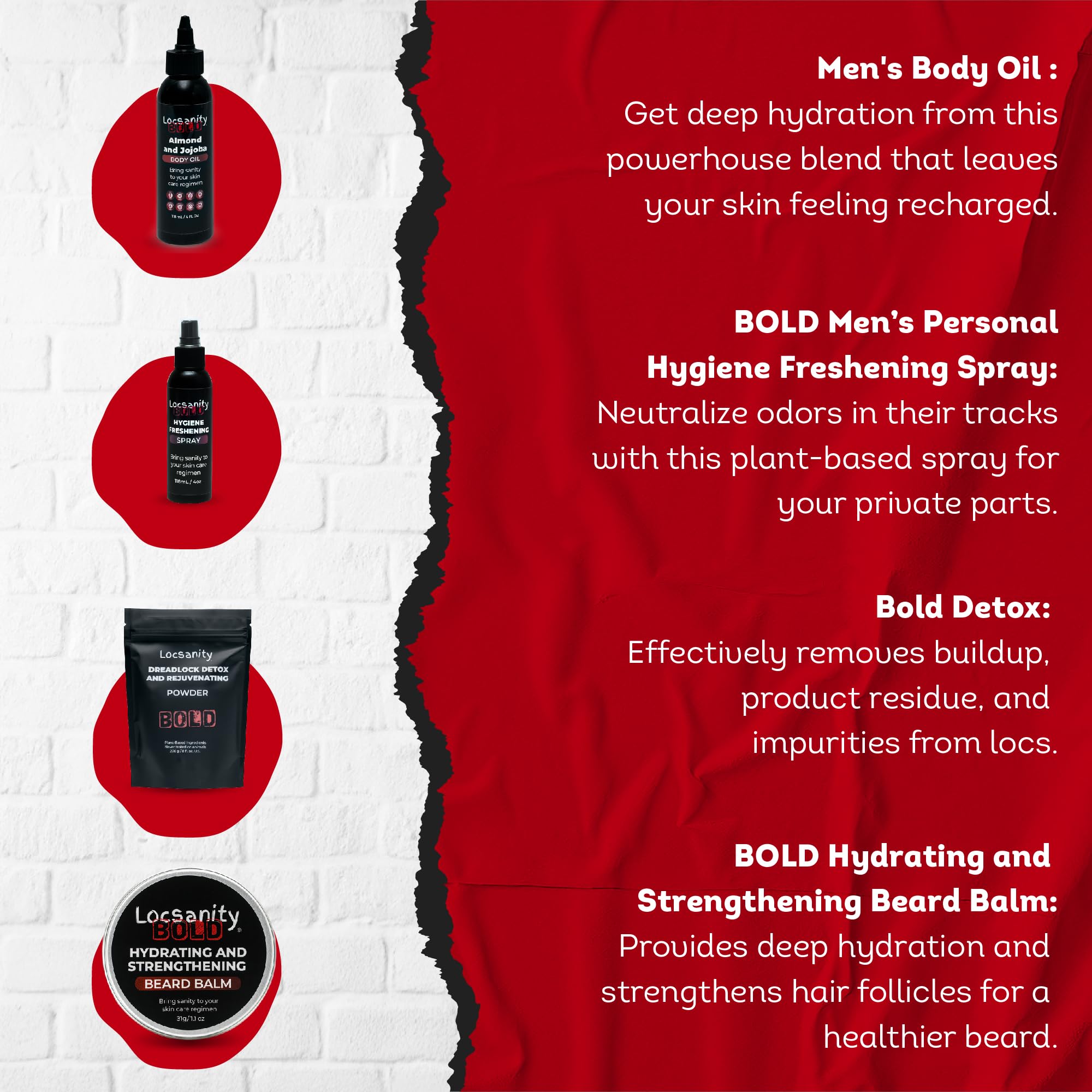 Locsanity BOLD Men’s Bundle – 7-in-1 Premium Grooming Set: Loc Spray, 3-in-1 Body Wash, Hygiene Spray, Men’s Body Oil, Beard Oil, Dreadlock Powder, Almond & Jojoba Oil | Dreads & Locs Moisturizer