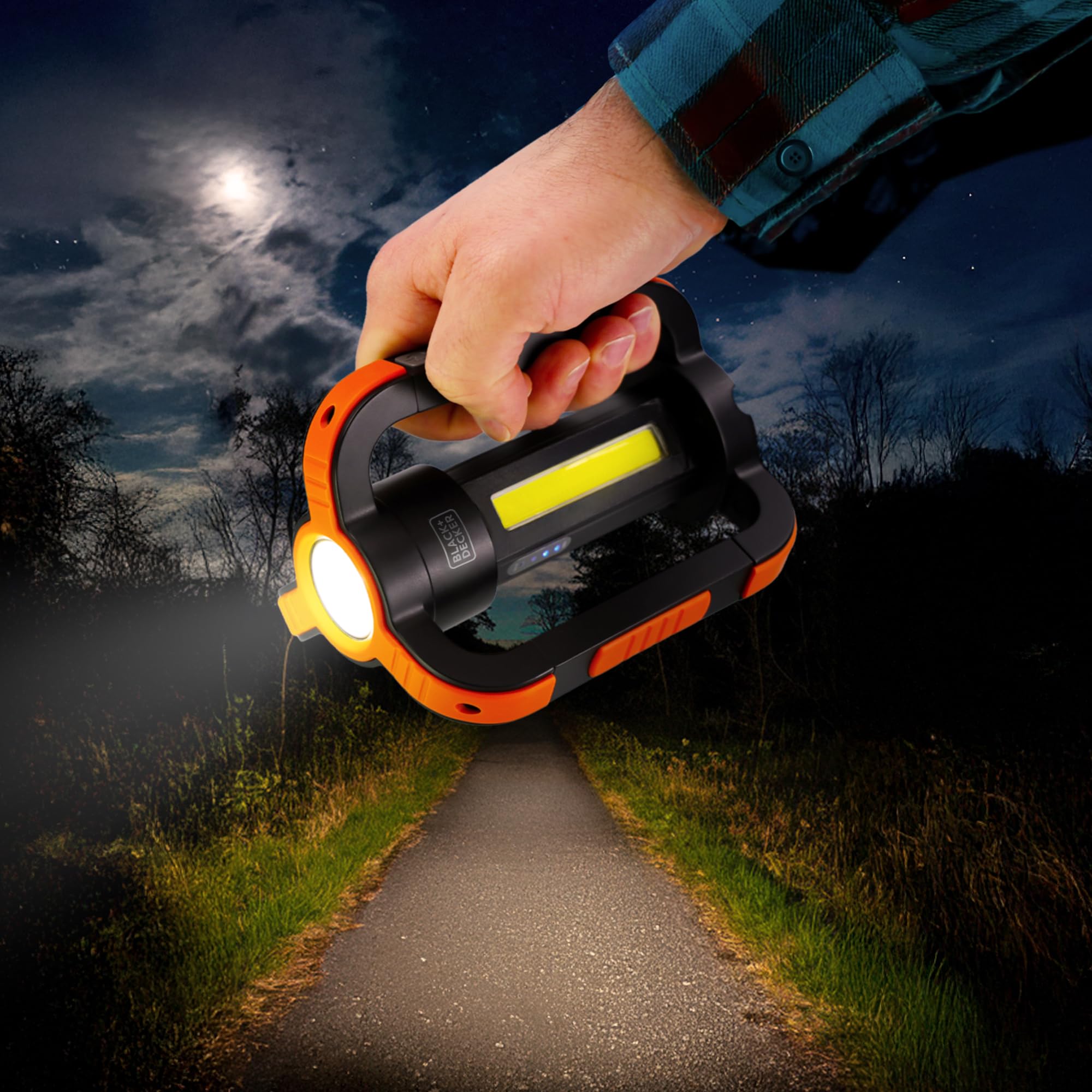 BLACK+DECKER Linterna LED recargable y linterna de 360°, luz impermeable IP65 de 1000 lúmenes, 8 modos, modo SOS de emergencia, banco de energía USB-A, luz de 18 horas, clip de mosquetón, magnético