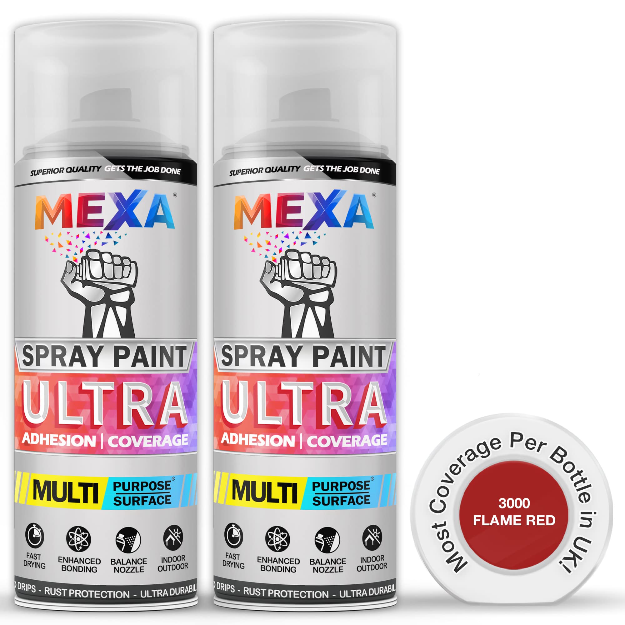 Mexa Flame Red Spray Paint | | Perfect For Radiator, Plastic, Fabric, Metal, Bike, Marking | 2 X 400Ml | Ral 3000 | Double Pack