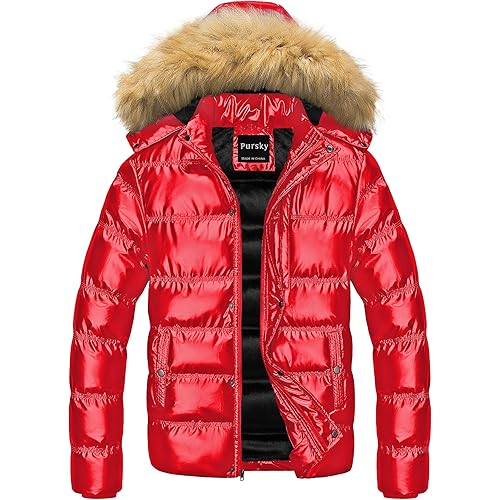Pursky Men's Puffer Jacket Waterproof Winter Bubble Coats Ski Parka Fur Hooded