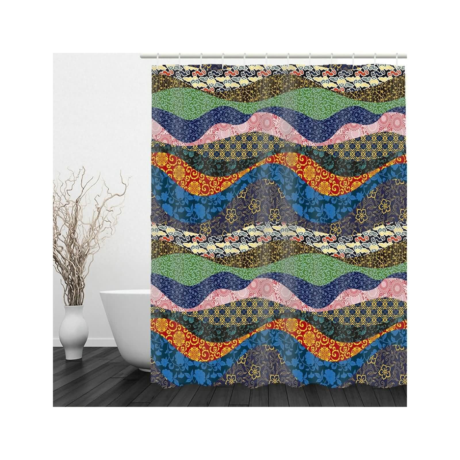 Rideau de douche en tissu multicolore avec anneaux pour baignoire