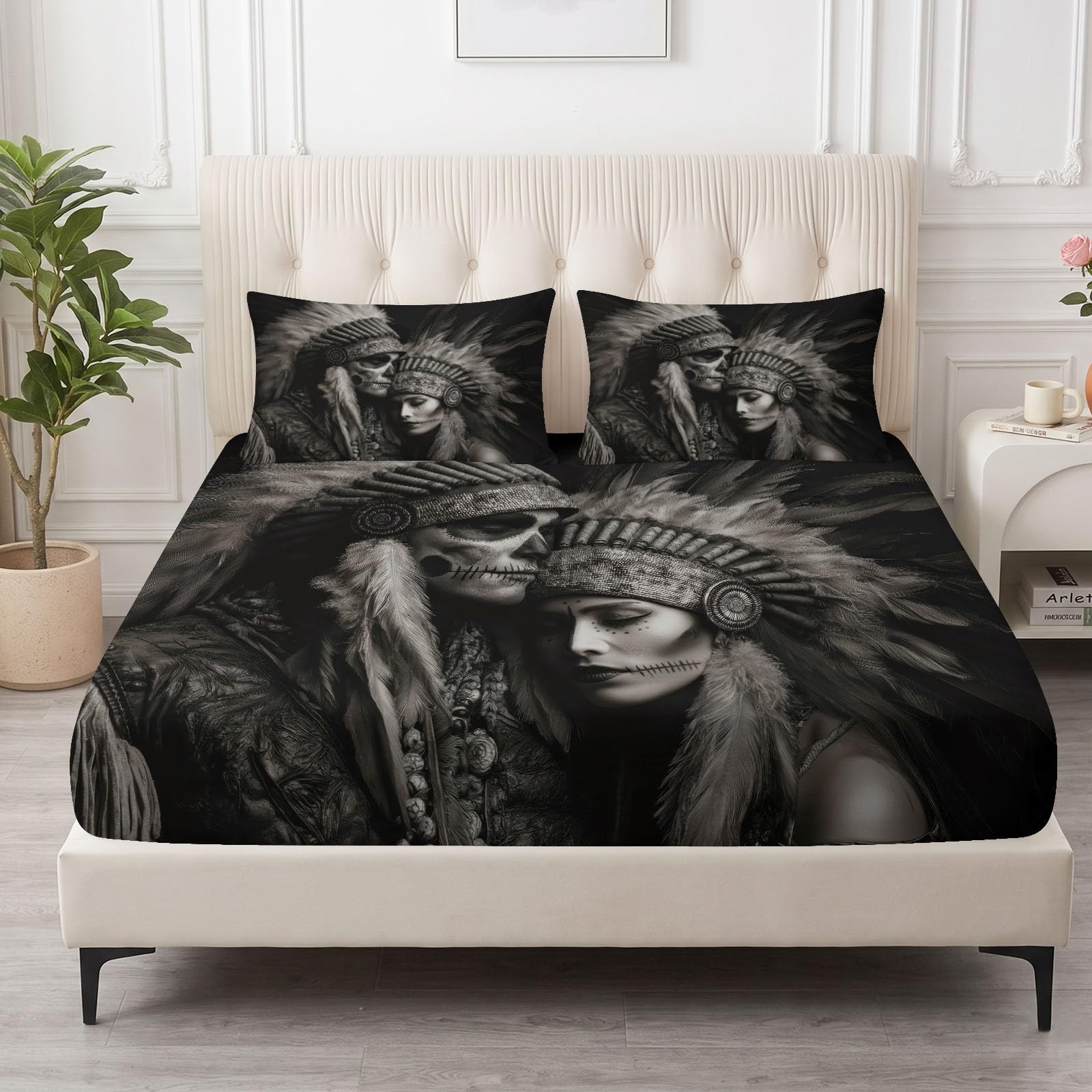 Prześcieradło z gumką 160 x 200 cm, gotyckie prześcieradło w stylu retro, miękkie, przyjazne dla skóry – materace do 30 cm, czarne trupie czaszki, figura pióra, pościel do sypialni, dekoracja z 2