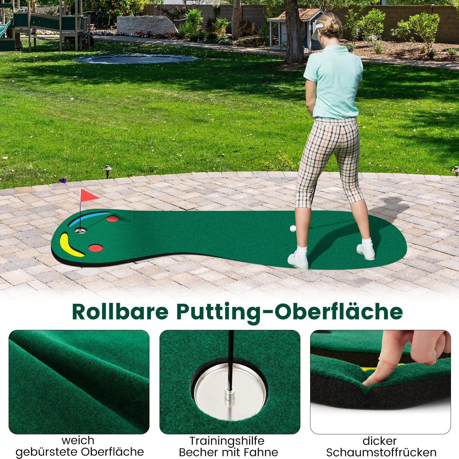 COSTWAY 300 x 96cm Golf Puttingmatte, Putting Green für Indoor & Outdoor, Golfmatte faltbar mit 3 Putting Cups & 1 Fahne, Golf Übungsmatte Trainingsmatte für Zuhause, Büro