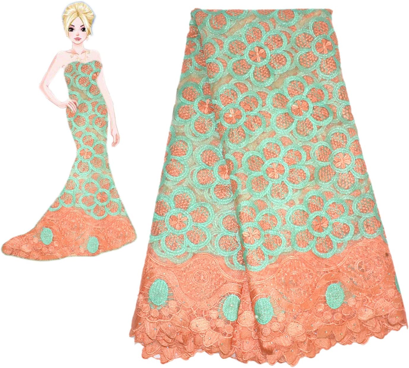 KENLACE 5 Yards/Piece Tulle Lace French African Lace Fabric Embroidered Nigerian net Lace with Guipure Lace Fabric for Woman Dresses/Clothes (Peach & Green)