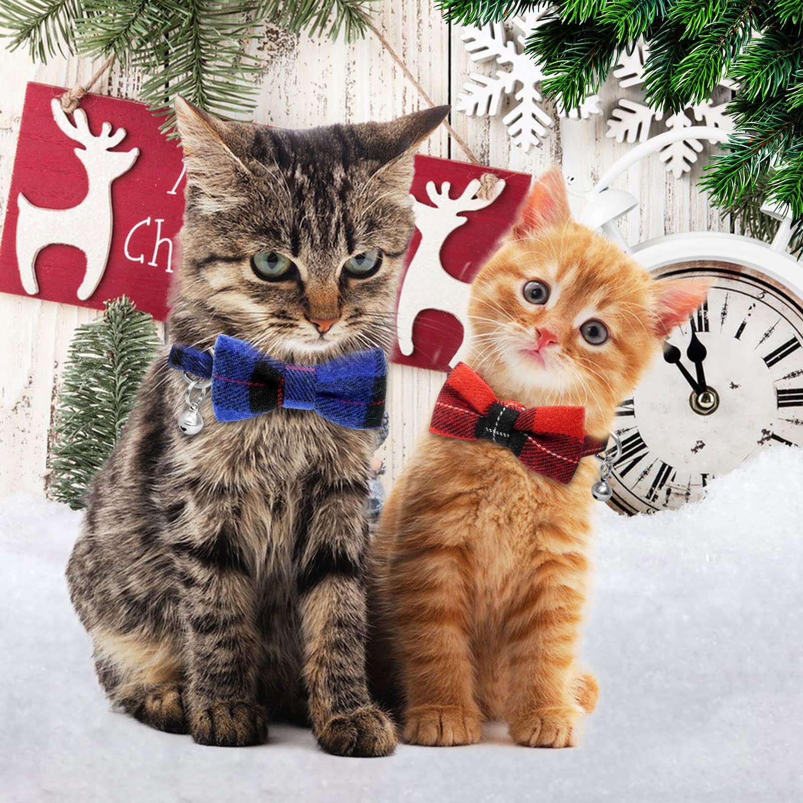 azuza Breakaway Katzenhalsband mit Glöckchen, 2 Stück, Sicherheitsschnallen, Kätzchenhalsbänder mit Fliege, klassisches Karomuster, verstellbar von 15,2 cm - 20,3 cm