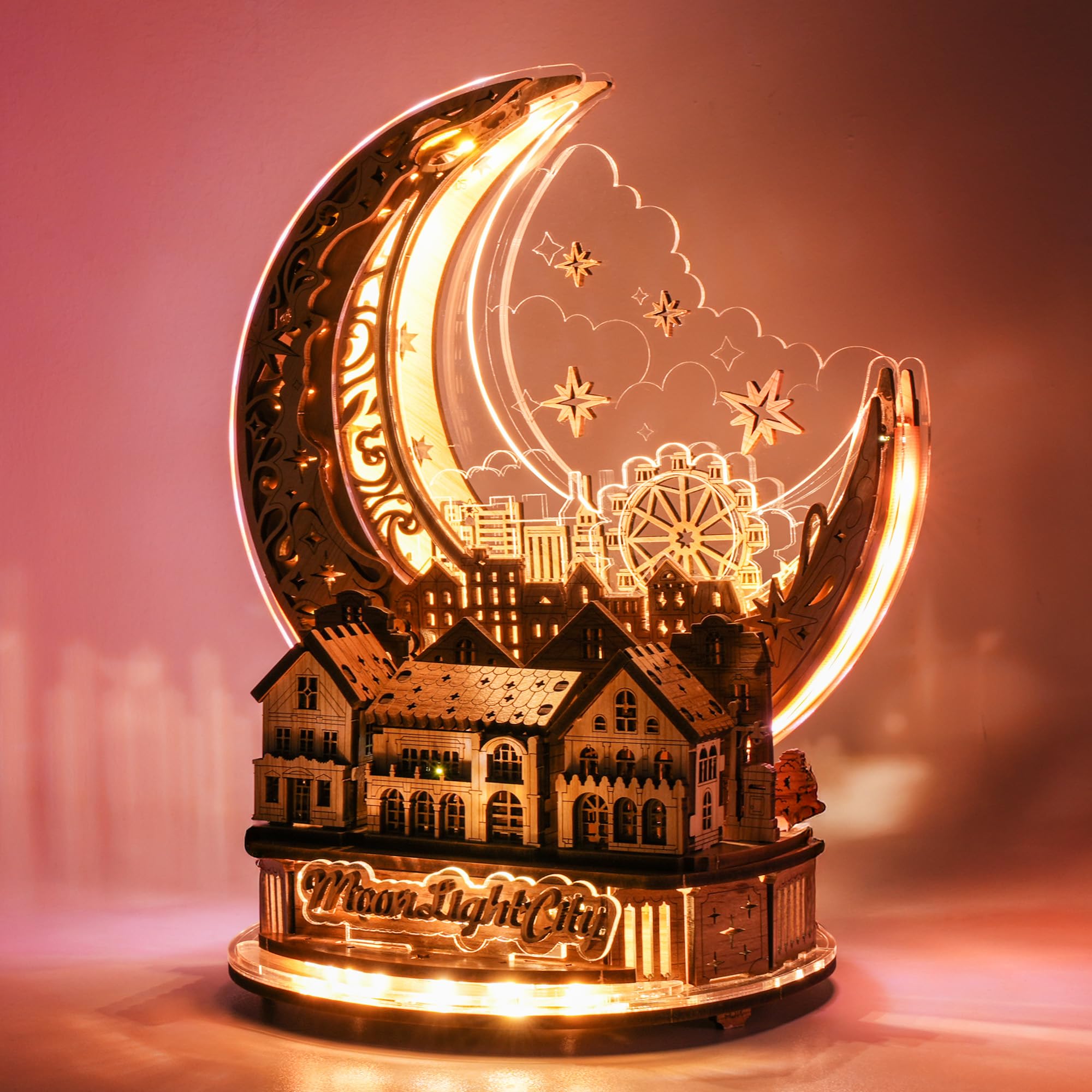 FUNPOLA 3D Puzzle Moon City Model - LED 3D Wood Puzzle - 3D Wooden Puzzles for Adults Home Dcor Gifts for Kids and Adults White)
