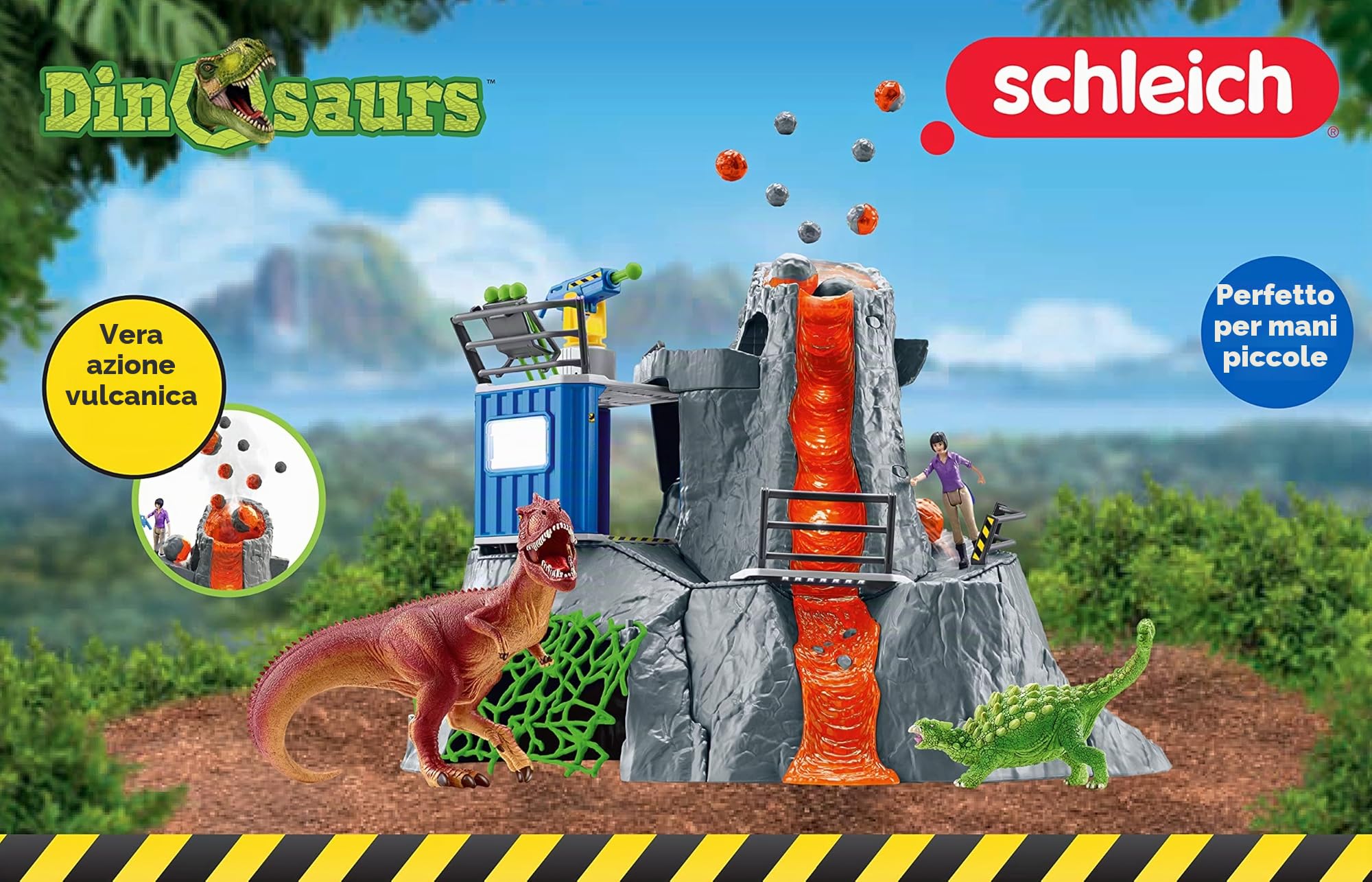 SCHLEICH DINOSAURS 42564 - Set di giocattoli a forma di dinosauro, con vulcano con luce LED e funzione di scoppio, figura ricercatrice e 2 figure di dinosauro, età consigliata: 5-12 anni