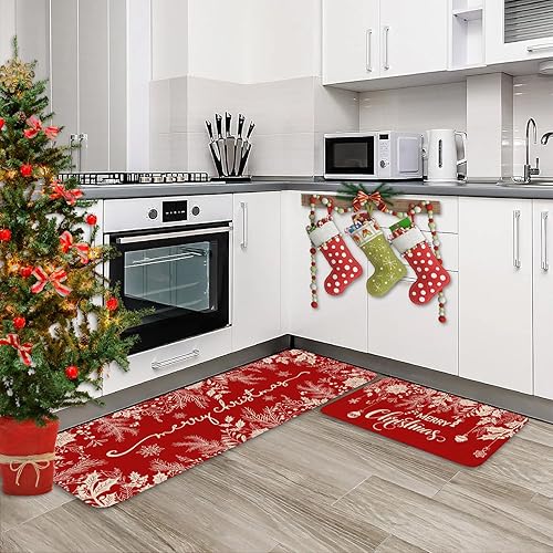 Miniatura 2 de Juego de 2 alfombras de cocina de Feliz Navidad, diseño de ramas de pino acebo, hojas para piso, color rojo, invierno, vacaciones, antideslizantes,