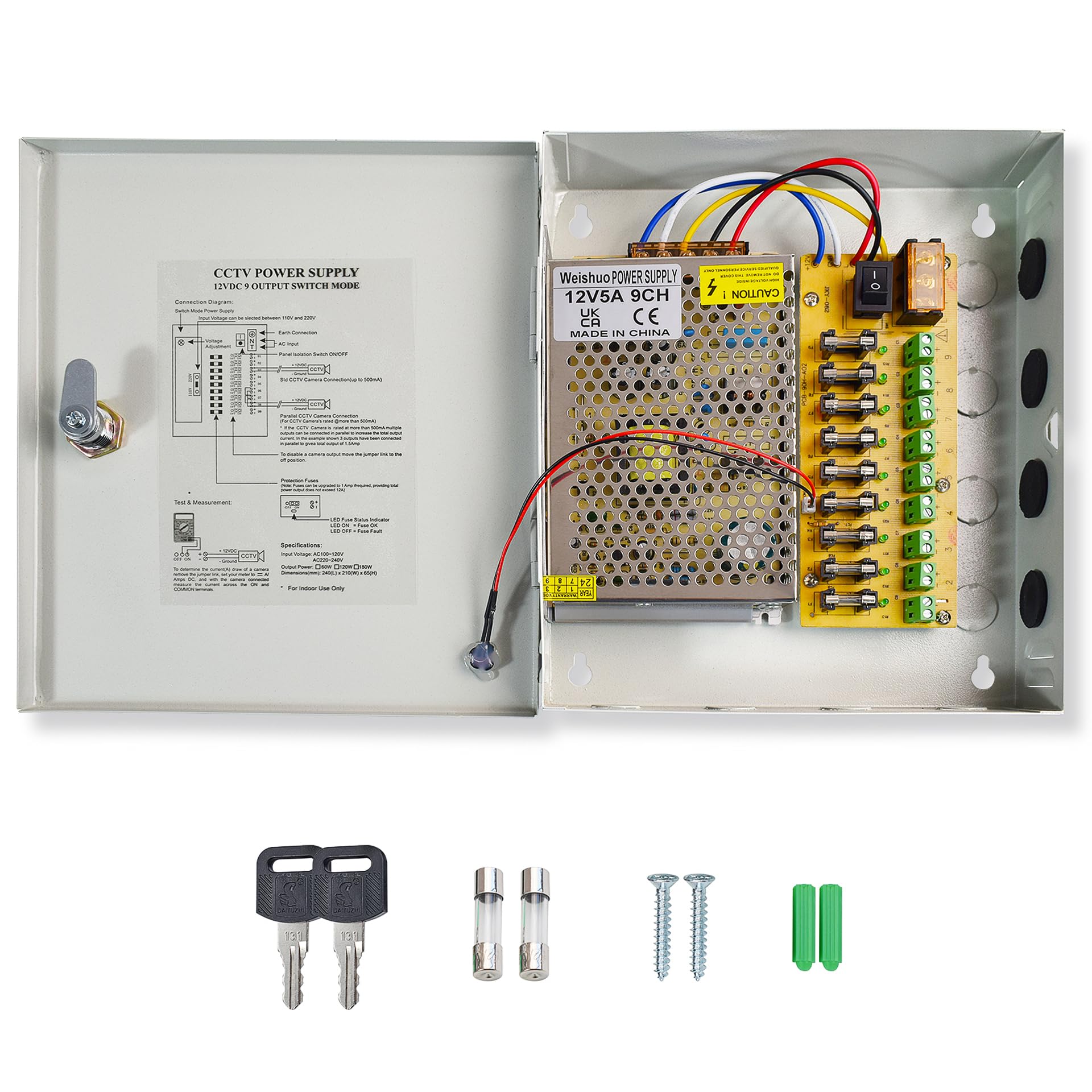 Alimentation 12V 5A 9 Canaux, 60W Boîtier d'alimentation CCTV, Alimentation Stabilisée pour Caméra de Surveillance/Boîte Lumineuse/Équipements Industriels, Boîtier Métallique Verrouillé