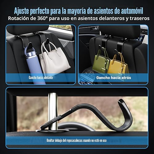 Miniatura 4 de Amooca - Gancho para reposacabezas de asiento de coche, 4 unidades, organizador de almacenamiento universal para bolso de mano, abrigo, ajuste Negro