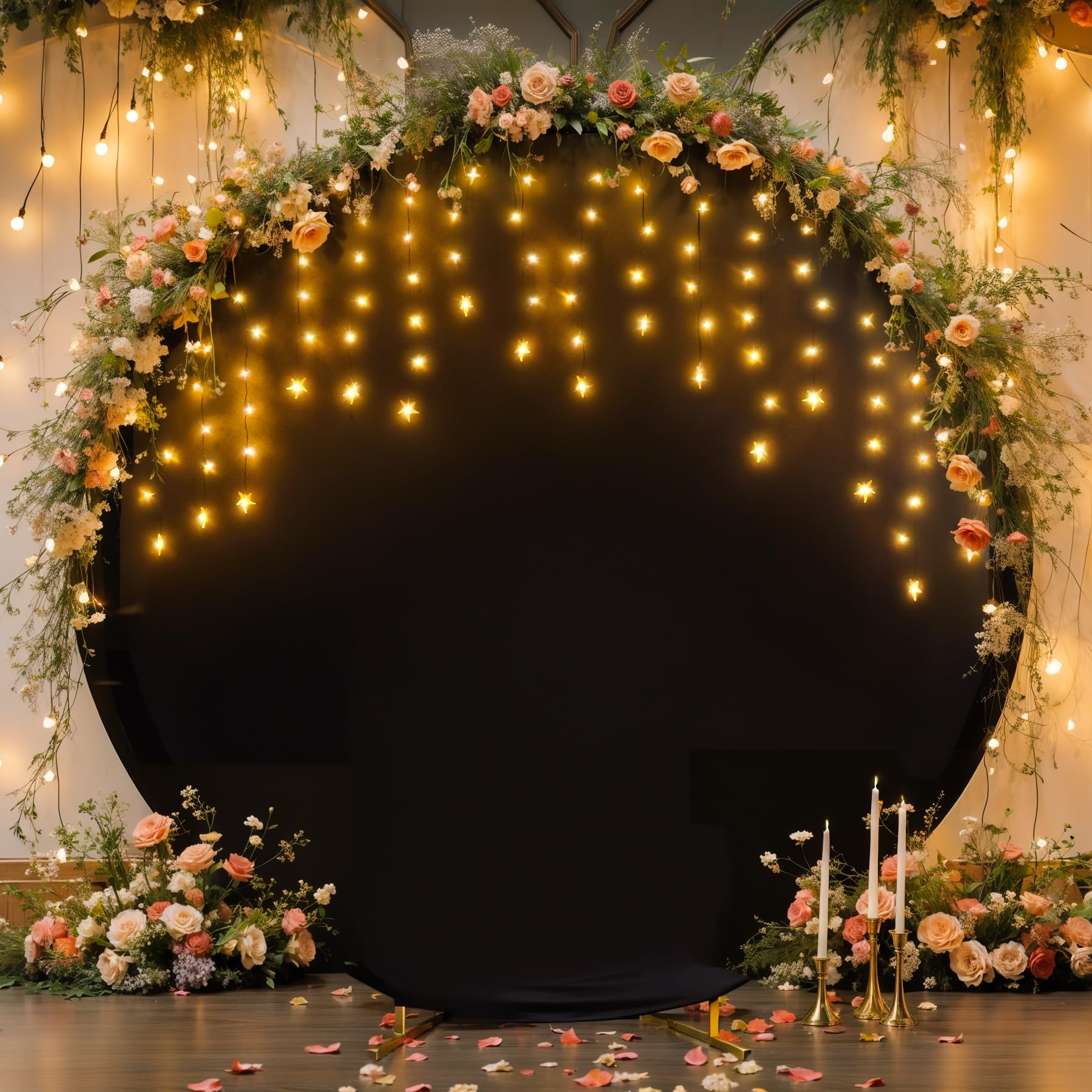 7.2 FT Black Round Backdrop Cover with Lights String for Circle Arch Stand Circle Backdrop Covers with LED Fairy Lights for Wedding Arch Baby Shower