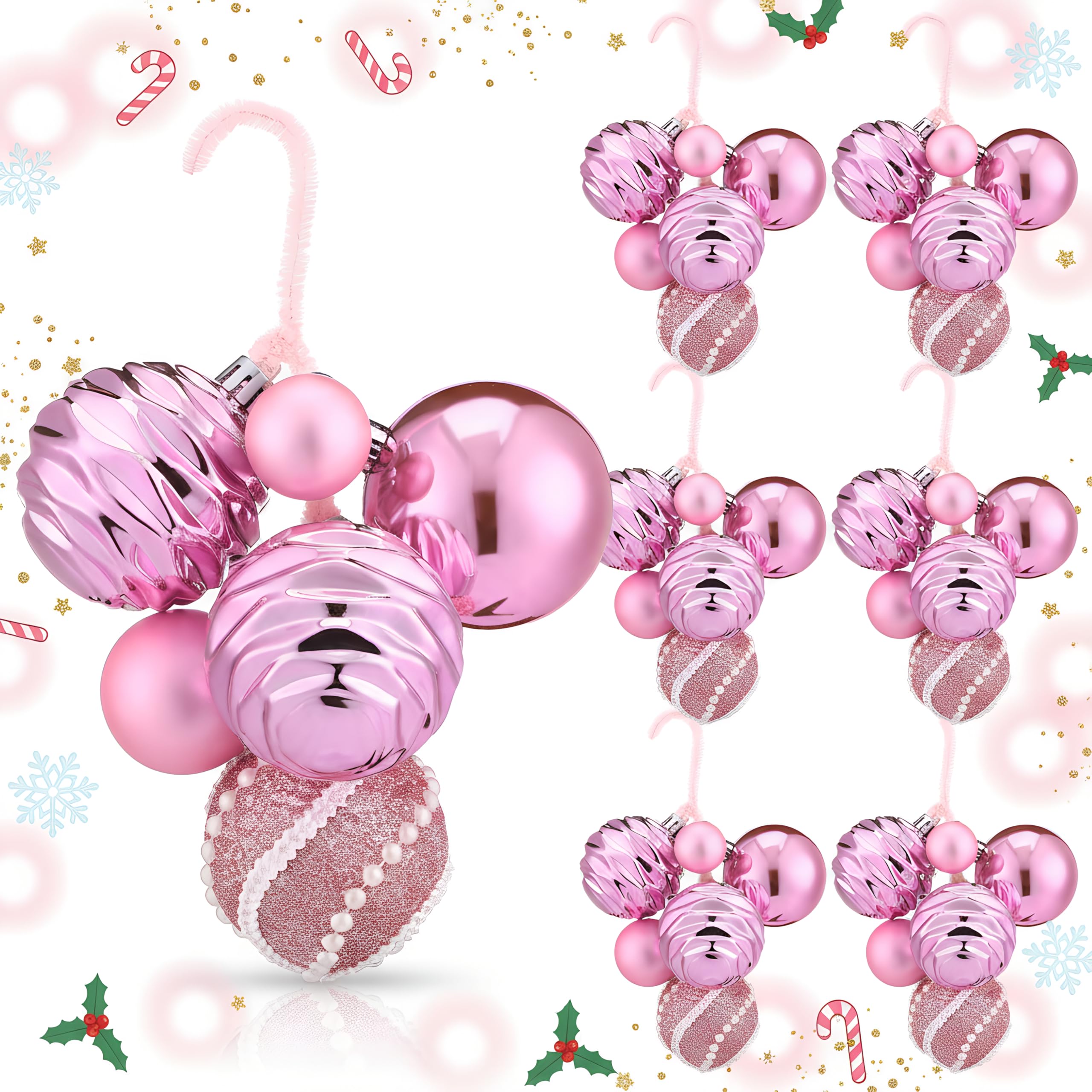 Soulchen Lot de 6 grappes de boules de Noël roses à paillettes à suspendre à la main pour décoration d'intérieur de Noël - 3 à 6,1 cm