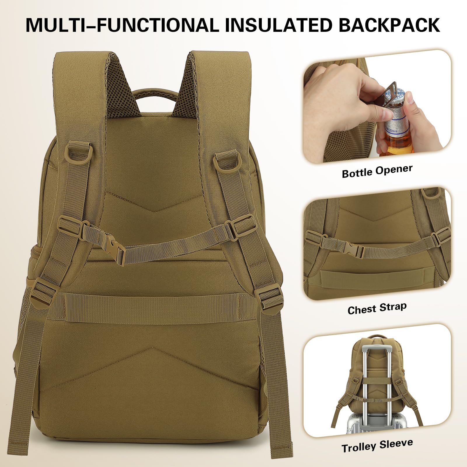 Mochila Nevera Táctica 20L Mochila Termica Pequeña con doble compartimento para hombre y Mujeres Prueba de Fugas Bolsas Isotermica para Trabajo , Playa, Picnics, Campingaz, Marrón
