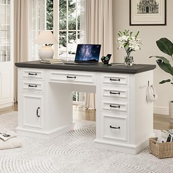 Jocoevol Farmhouse 57" Executive Desk with 7 Drawers, Home Office Desk with File Cabinet Storage, Computer Desk with Charging Station and Headphone Hook for Work, Study, Writing, White