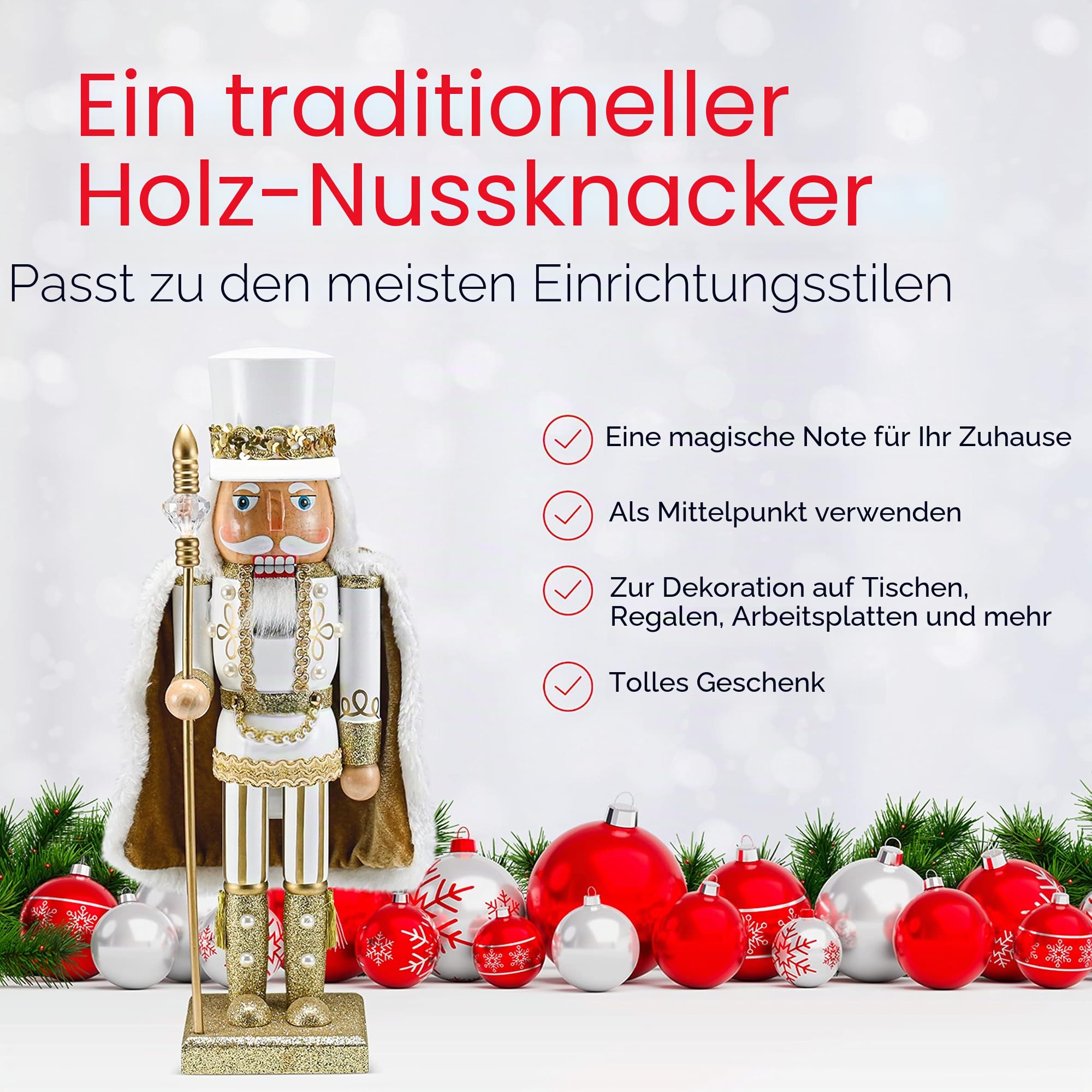 Ornativity Weihnachten Gold King Nussknacker - Gold und Weiß Glitzer Holz Nussknacker Mann mit Gold und Weiß Fell Umhang und Stab in Hand Xmas Thema Urlaub Nussknacker Puppe Figur Dekorationen