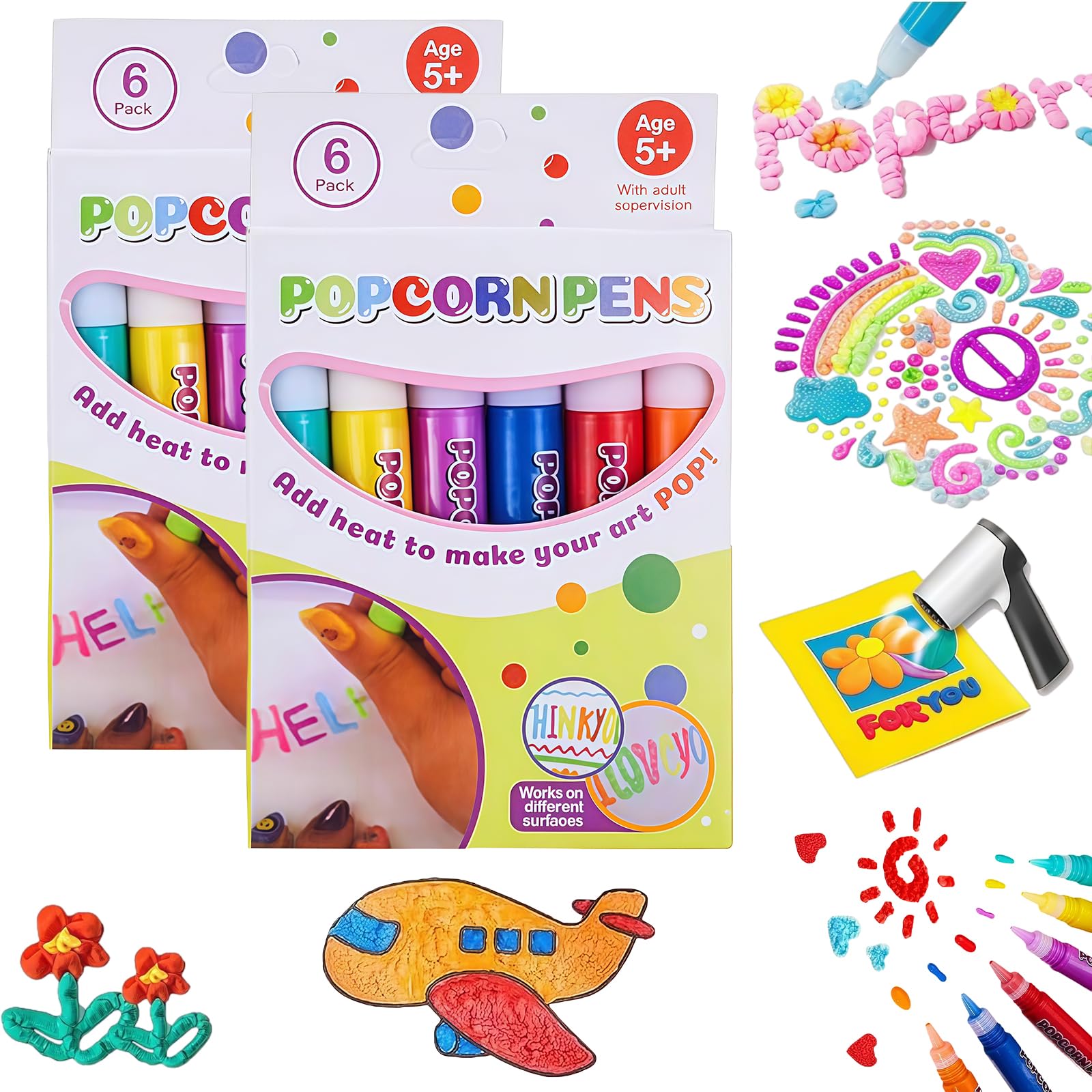 12 PCS Popcorn Pens for Kids, 6 Colours, Heat Activated 3D Puffy Pens