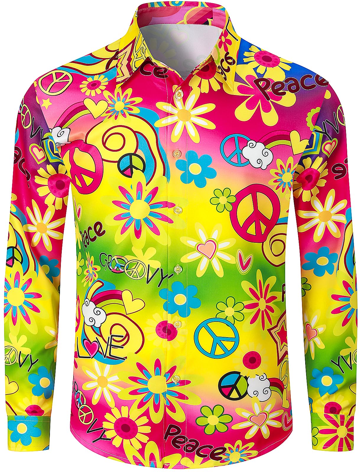 Camisa de años 70 60 Hippie para Hombre Manga Larga Flores Shirts