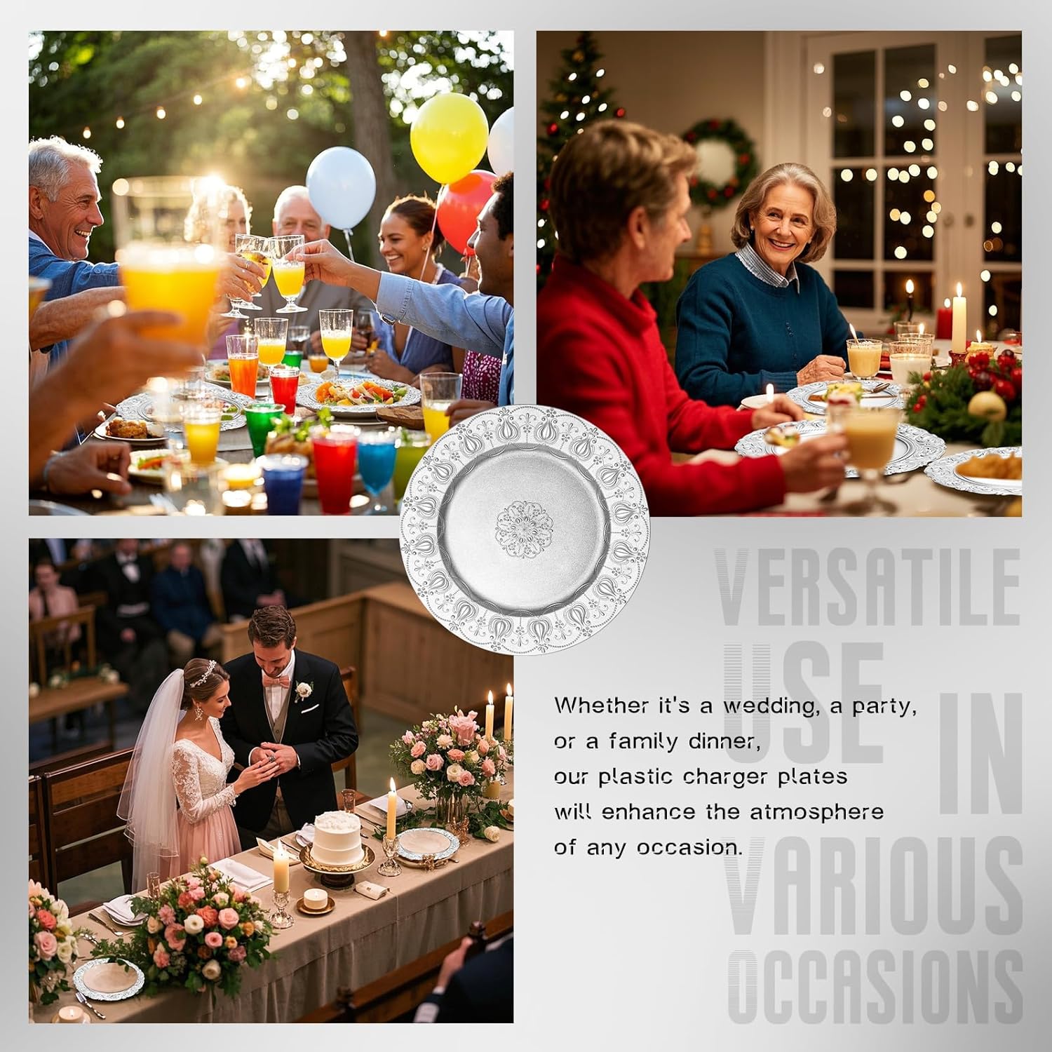 Silver Charger Plates Bulk 100Pcs - 13" Silver Chargers for Dinner Plates, Decorative Charger Plate for Wedding & Event Kitchen Party Decoration - Round Matte European Court Pattern