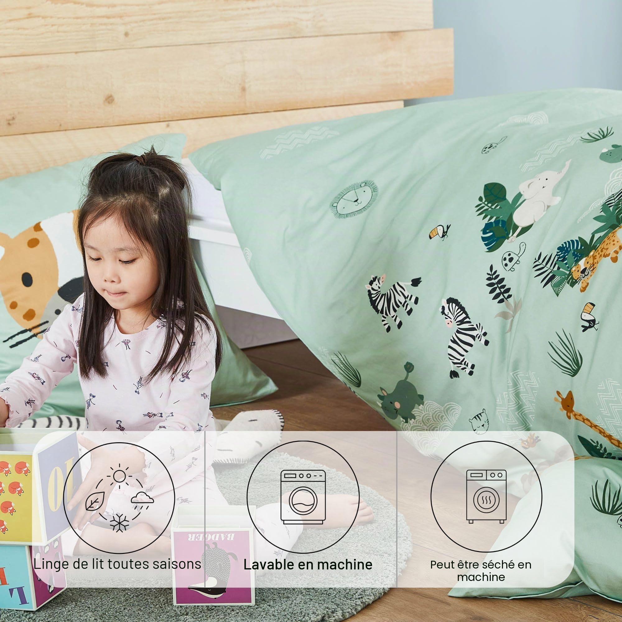 s.Oliver Parure de lit pour enfant - Motif animaux - 100 x 135 cm - 100 % coton - Fermeture éclair pratique et lavable en machine - 2 pièces - Motif animaux du zoo - Vert clair