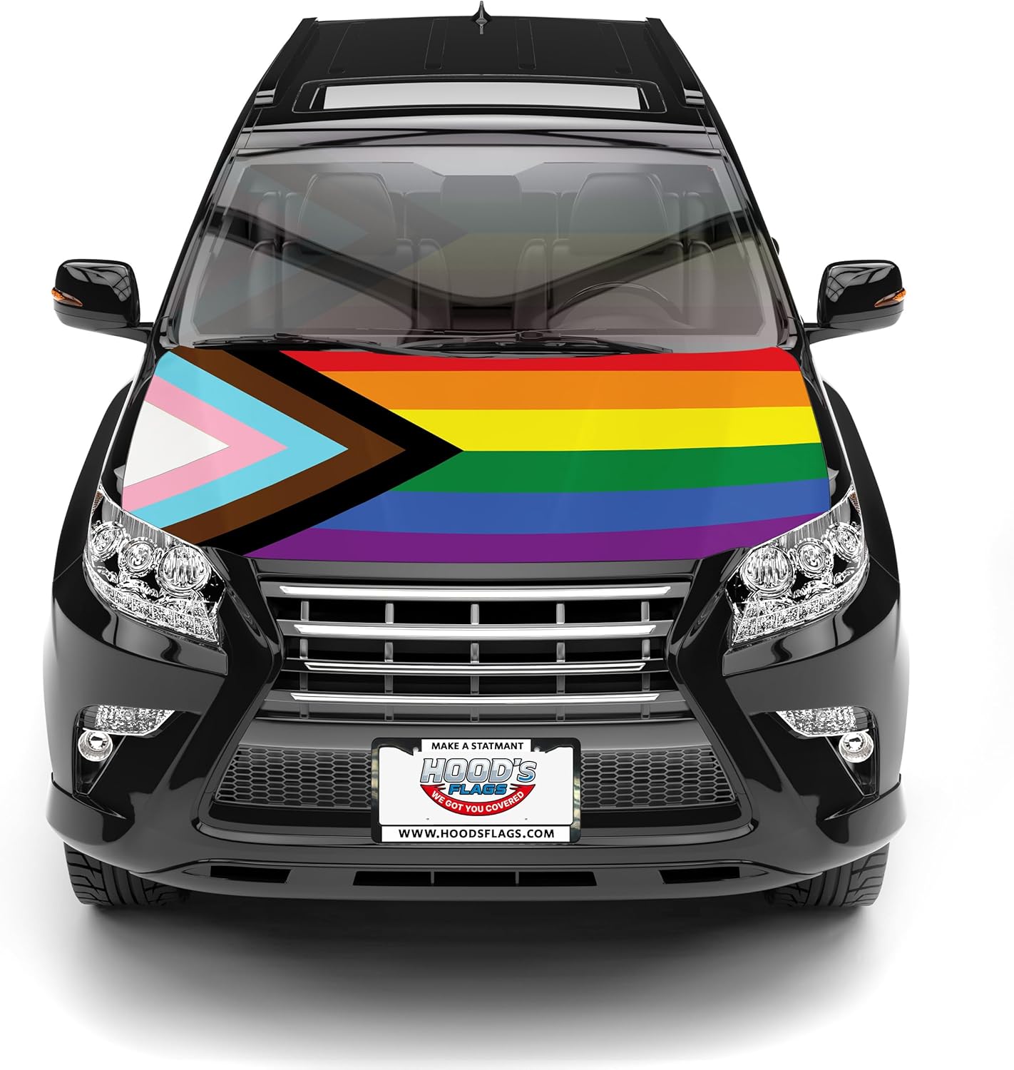 [Hood's Flags] LGBTQIA+ Progressive Flag Car Hood Cover 63"x47" (120x160cm) - Universal Fit for Trucks, Car, SUV, or Van. Polyester Spandex Material, Weather-Resistant with Secure Fasteners
